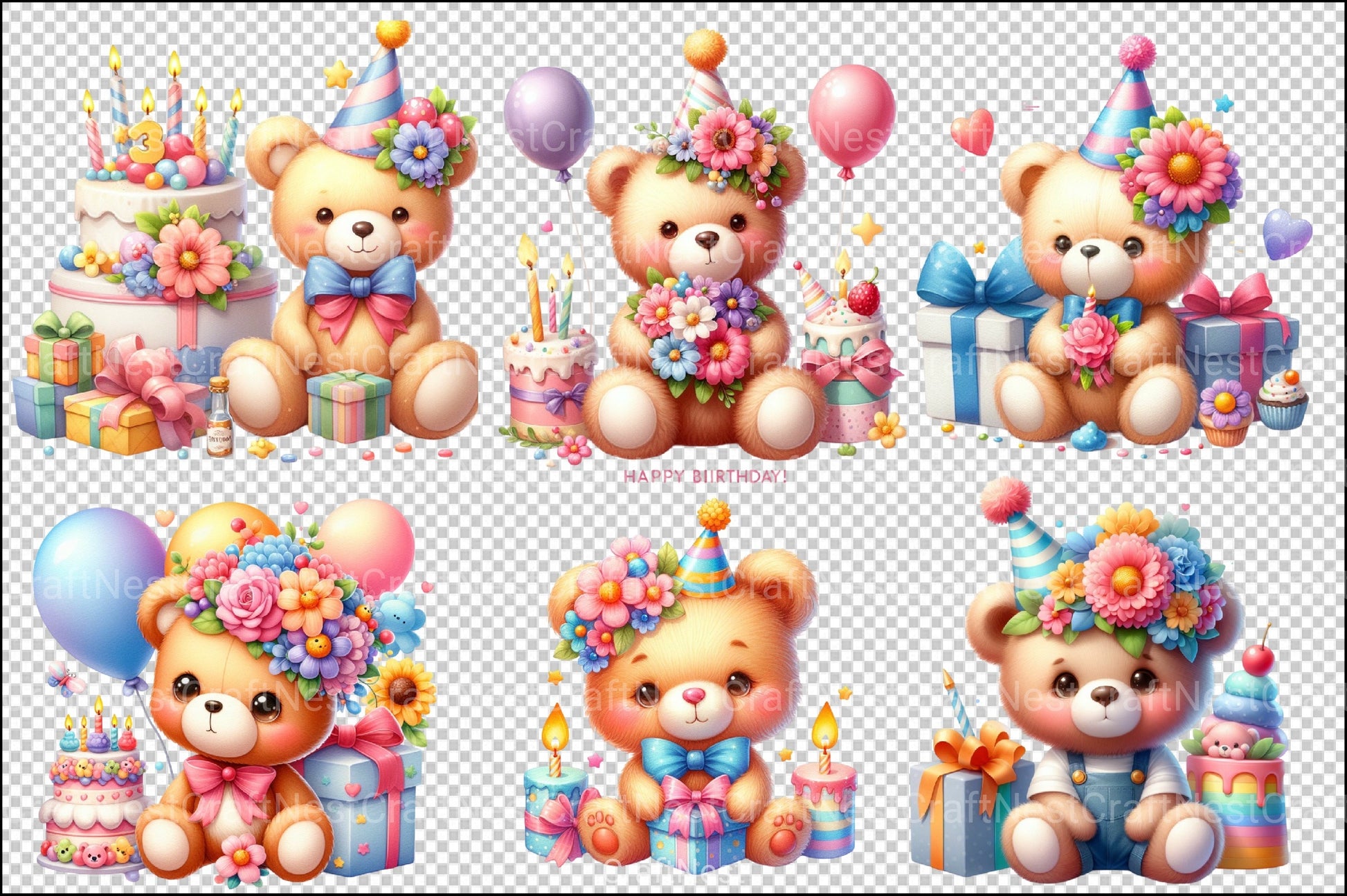 Cute Birthday Teddy Bear Clipart Bundle - CraftNest - Digital Crafting and Art