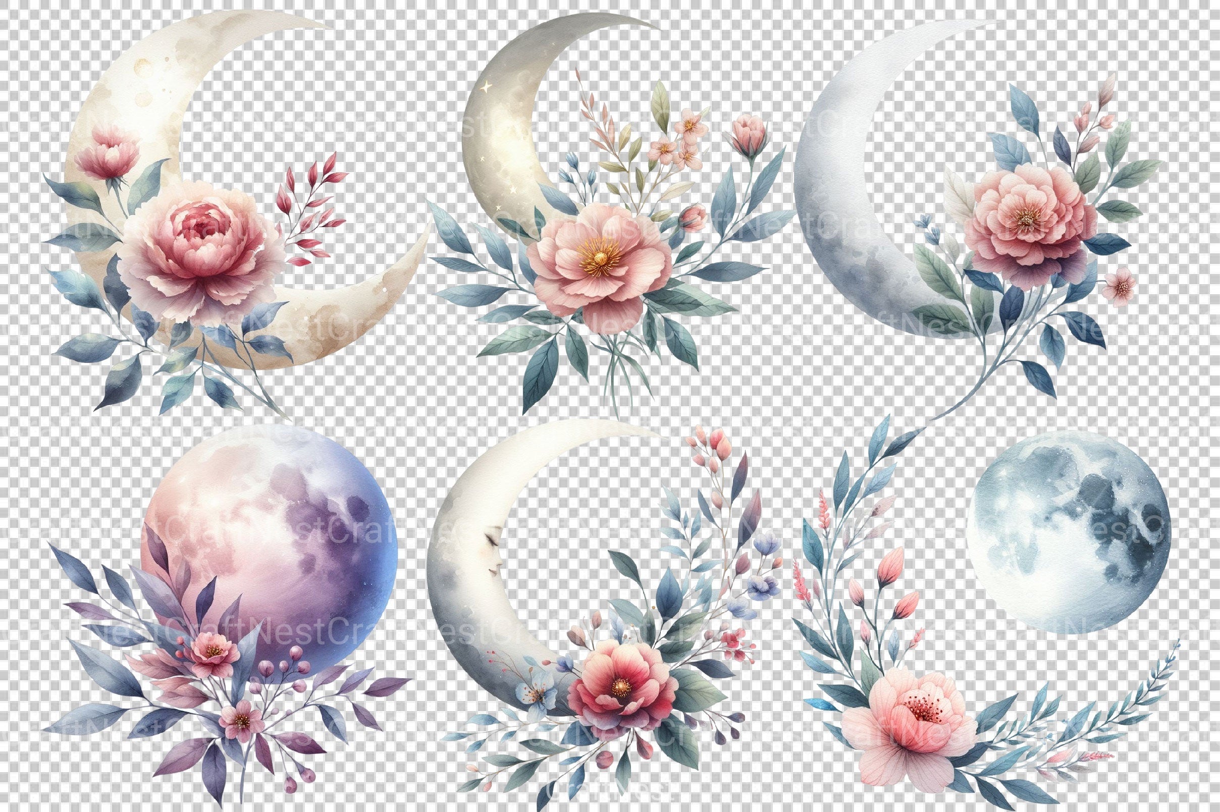 Floral Moon Clipart Bundle 1 - CraftNest - Digital Crafting and Art