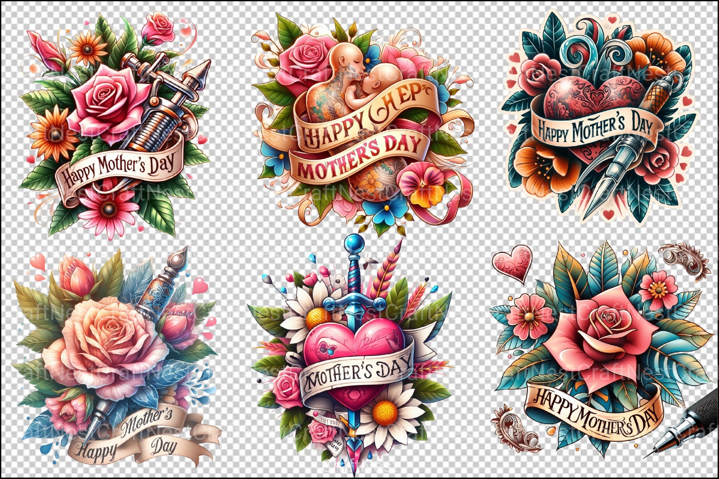Mother's Day Neotraditional Tattoo Clipart Bundle - CraftNest - Digital Crafting and Art