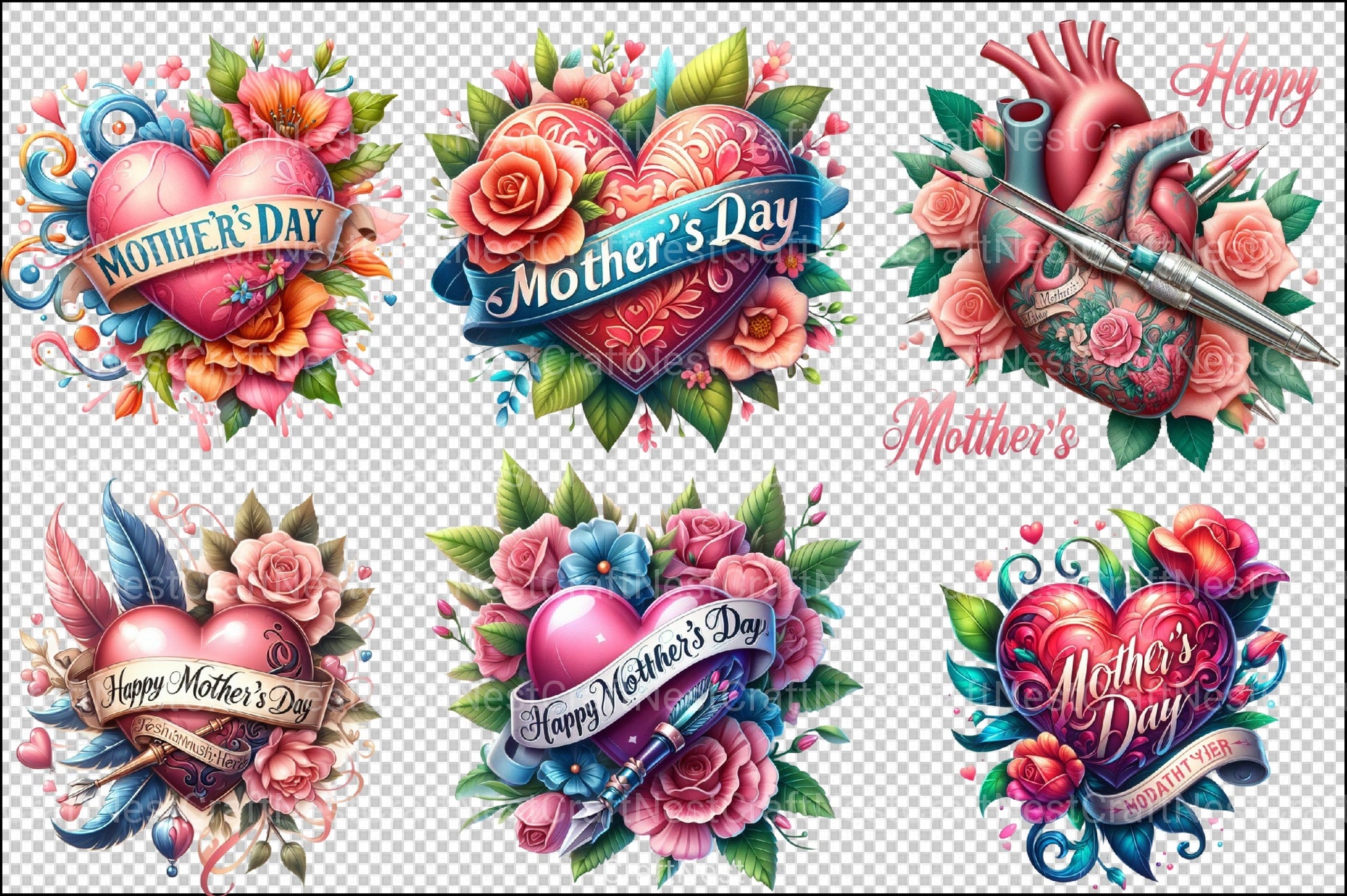 Mother's Day Neotraditional Heart Tattoo Clipart Bundle - CraftNest - Digital Crafting and Art