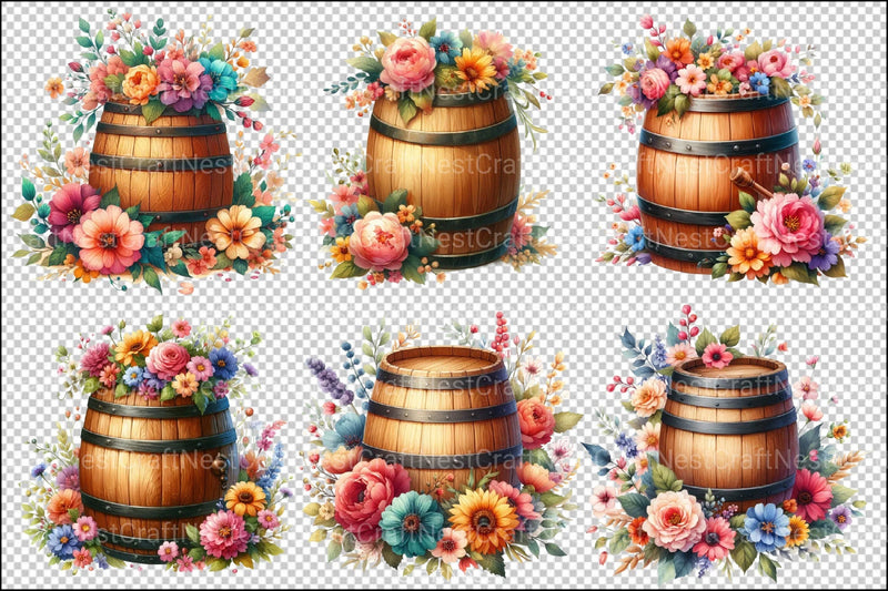 Spring Floral Wooden Barrel Clipart Bundle - CraftNest - Digital Crafting and Art