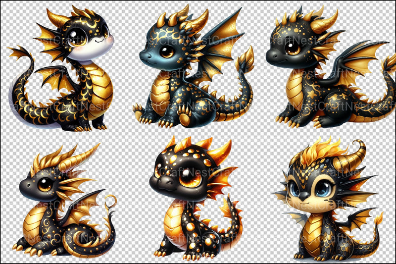 Cute Black and Gold Baby Dragon Clipart Bundle 45 - CraftNest - Digital Crafting and Art