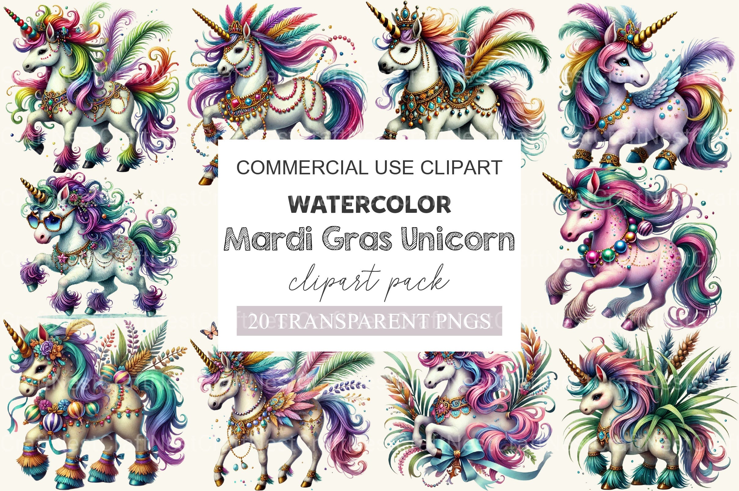 Mardi Gras Unicorn Clipart Bundle - CraftNest - Digital Crafting and Art