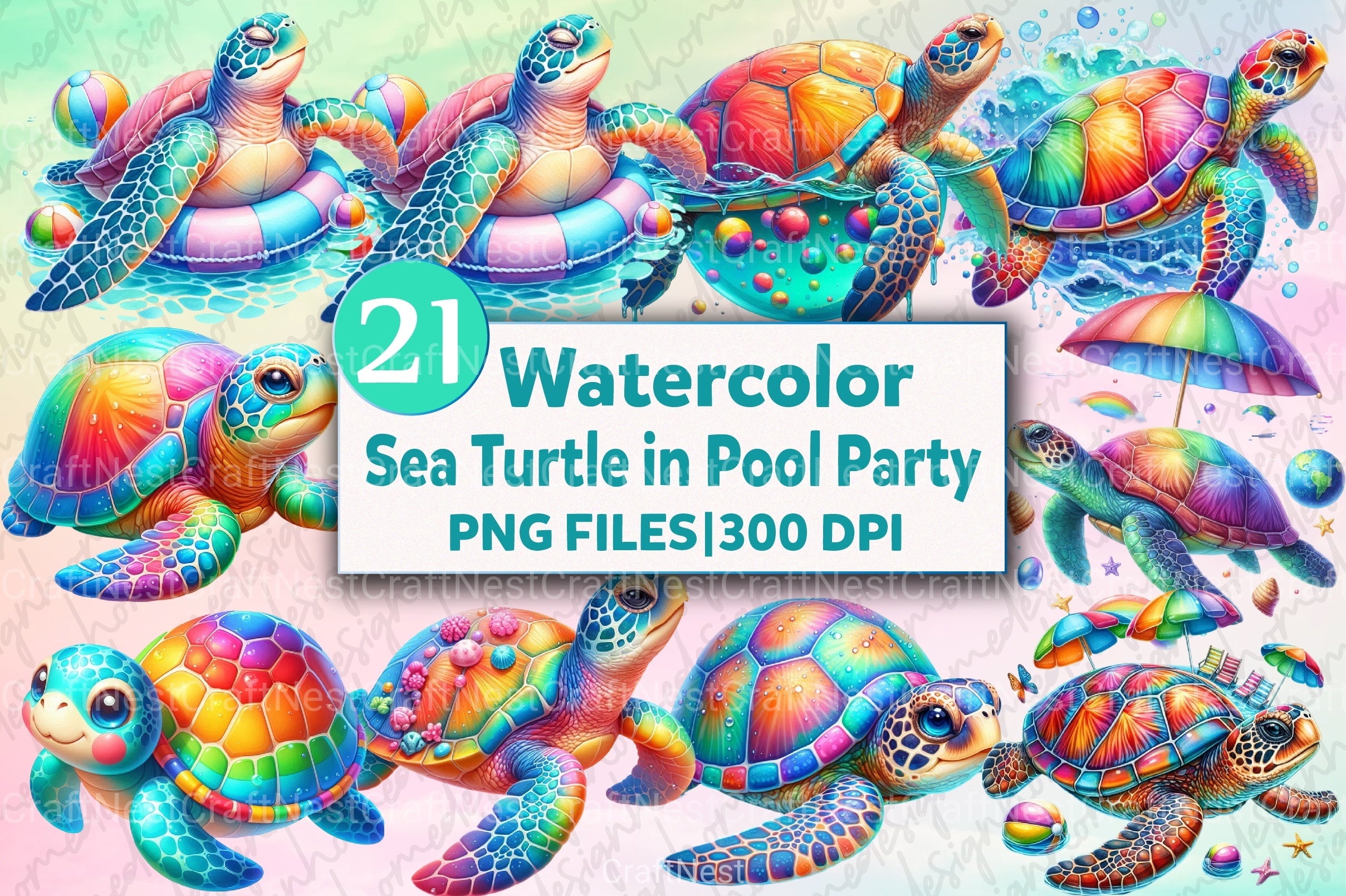 Sea Turtle Pool Party Clipart Bundle - CraftNest - Digital Crafting and Art