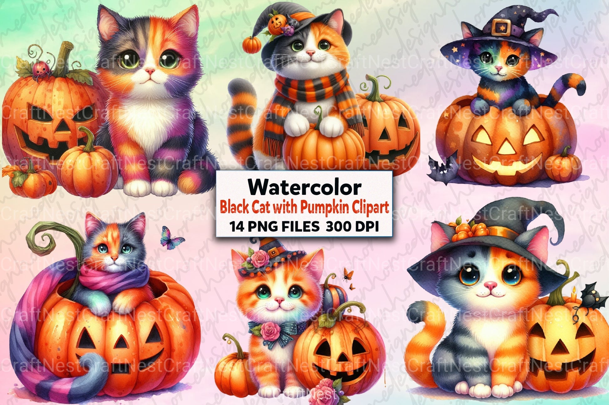 Halloween Black Cat & Pumpkin Clipart Bundle 99 - CraftNest - Digital Crafting and Art