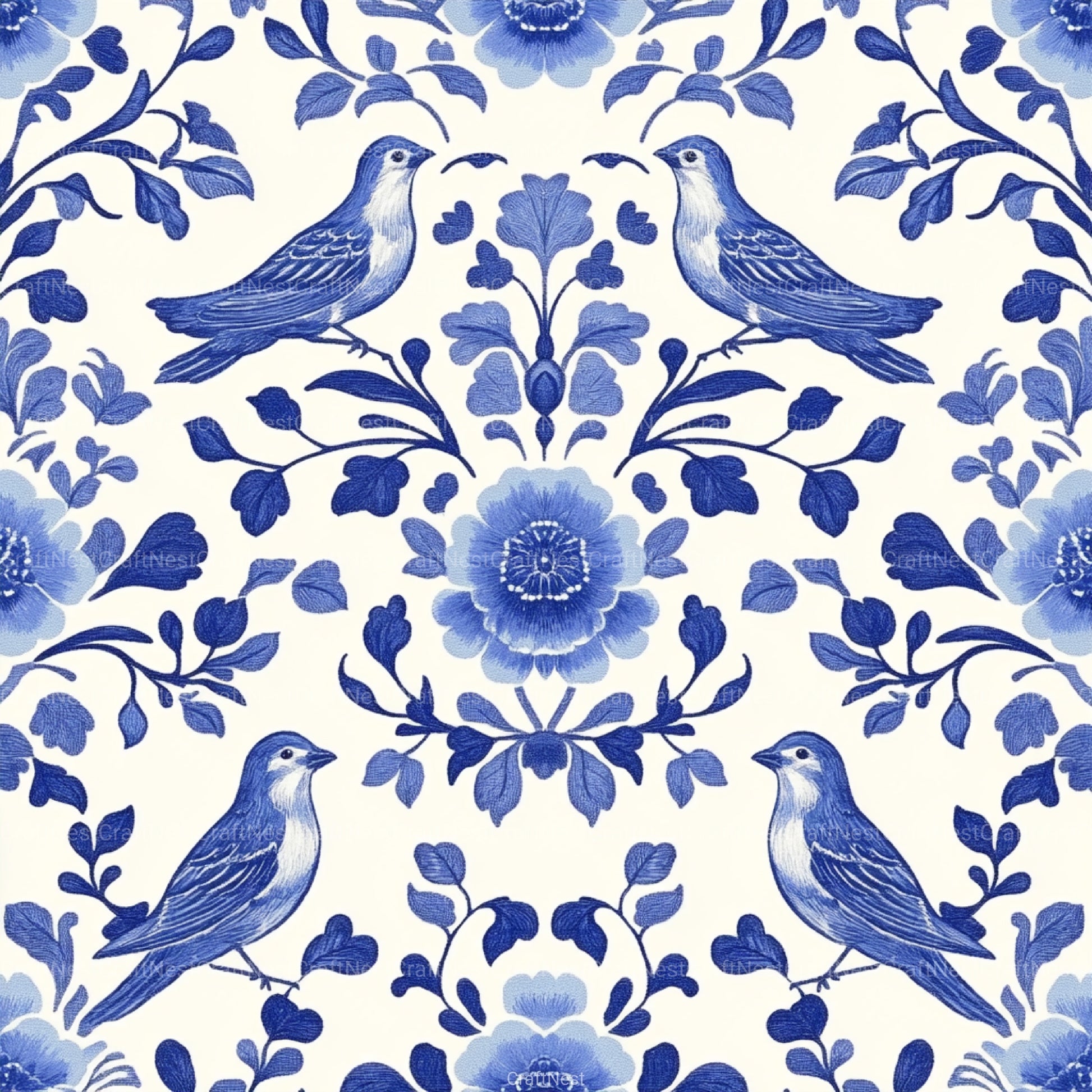 Blue Birds & Flowers Chinoiserie Pattern Clipart Bundle - CraftNest - Digital Crafting and Art