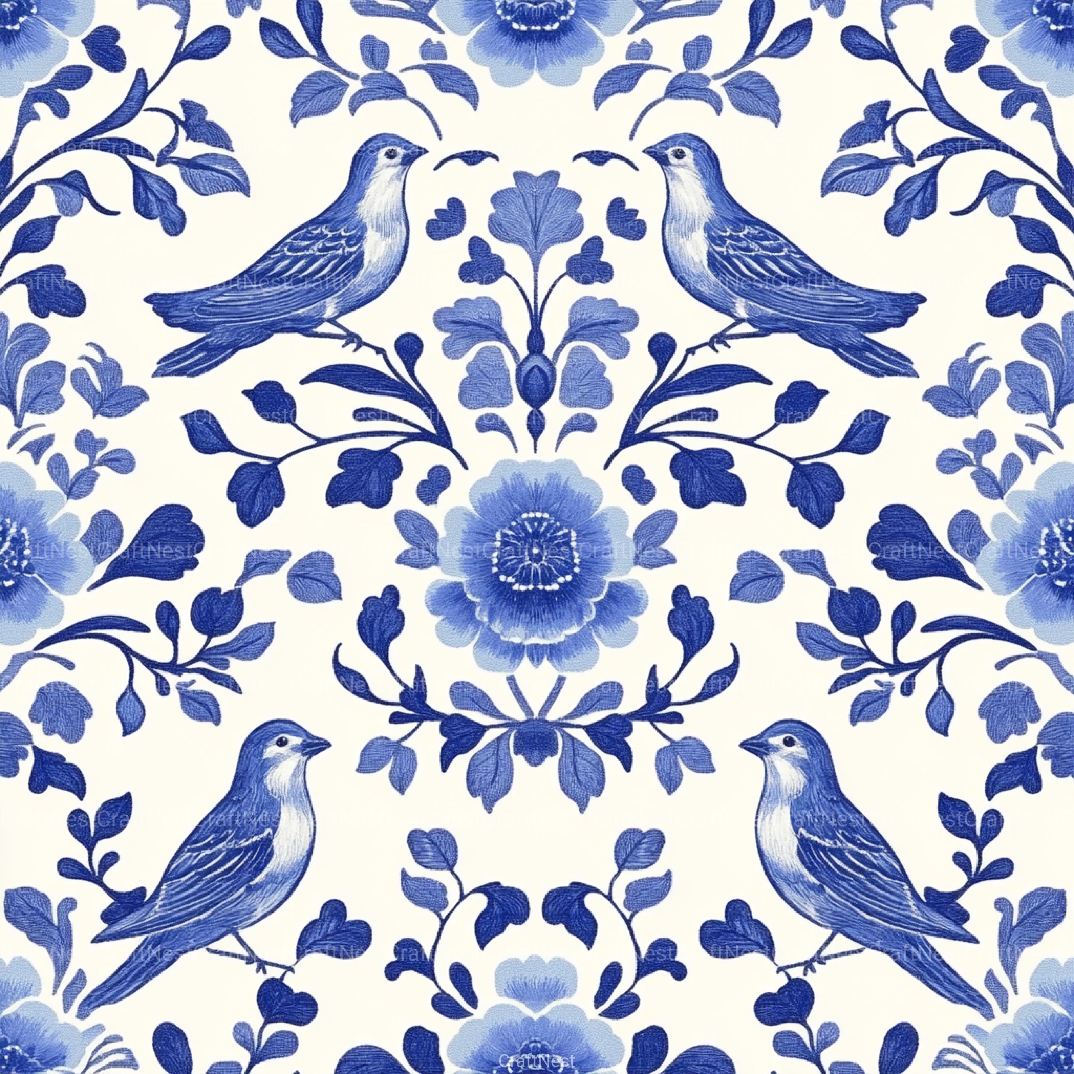 Blue Birds & Flowers Chinoiserie Pattern Clipart Bundle - CraftNest - Digital Crafting and Art