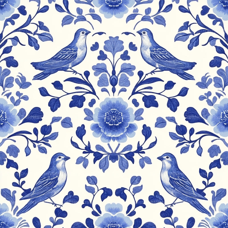 Blue Birds & Flowers Chinoiserie Pattern Clipart Bundle - CraftNest - Digital Crafting and Art