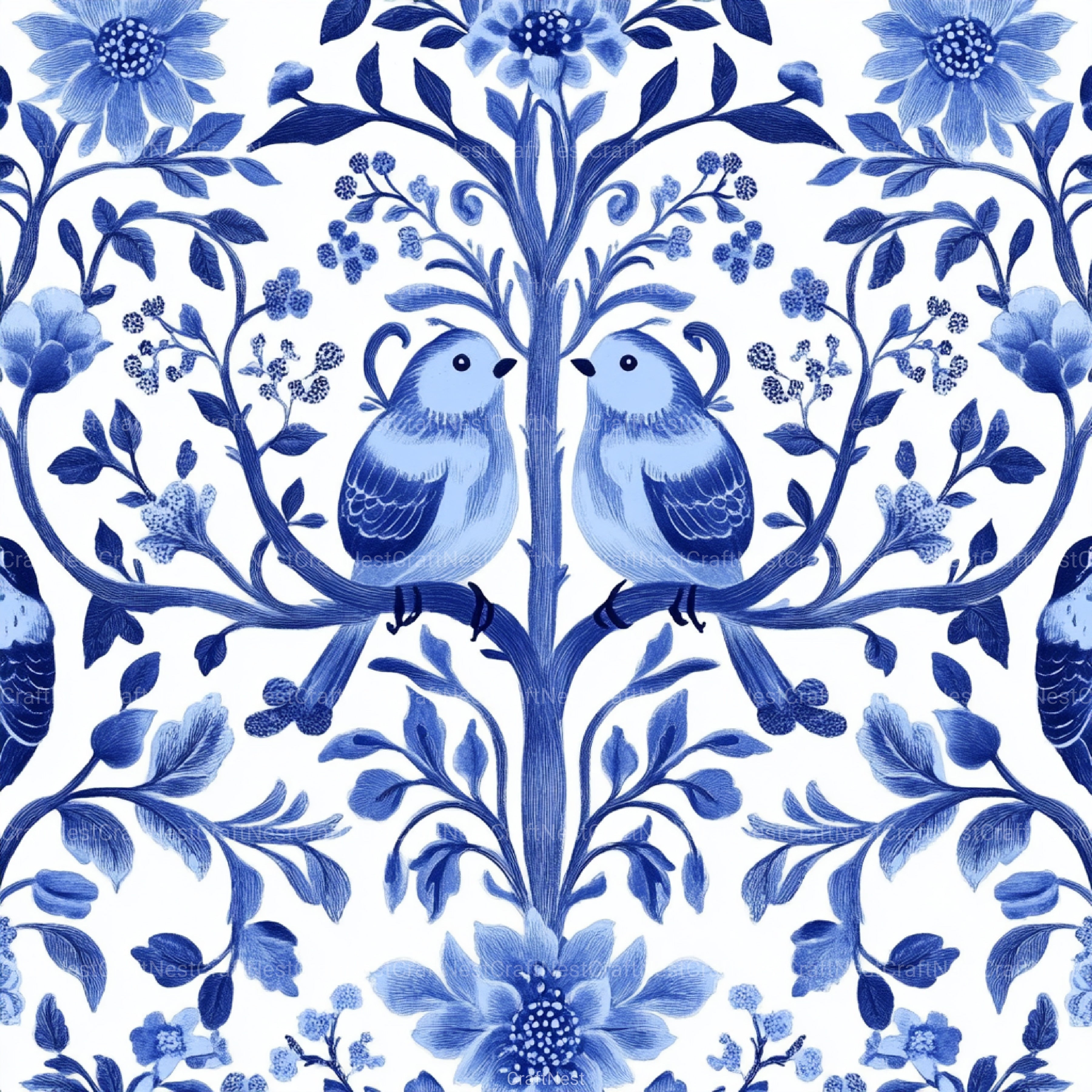 Blue Birds & Flowers Chinoiserie Pattern Clipart Bundle - CraftNest - Digital Crafting and Art