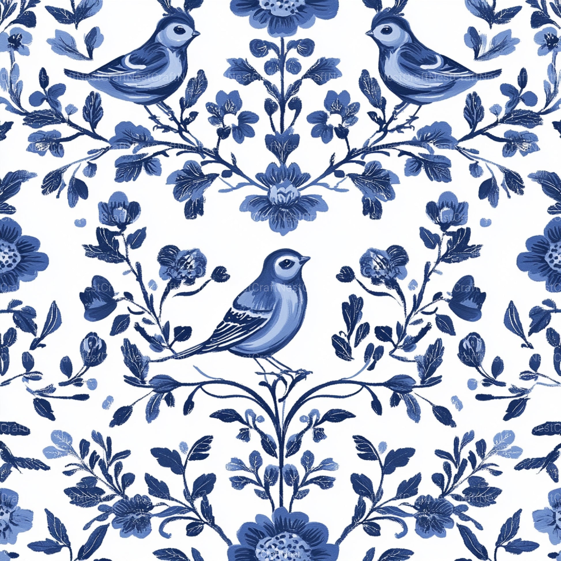 Blue Birds & Flowers Chinoiserie Pattern Clipart Bundle - CraftNest - Digital Crafting and Art