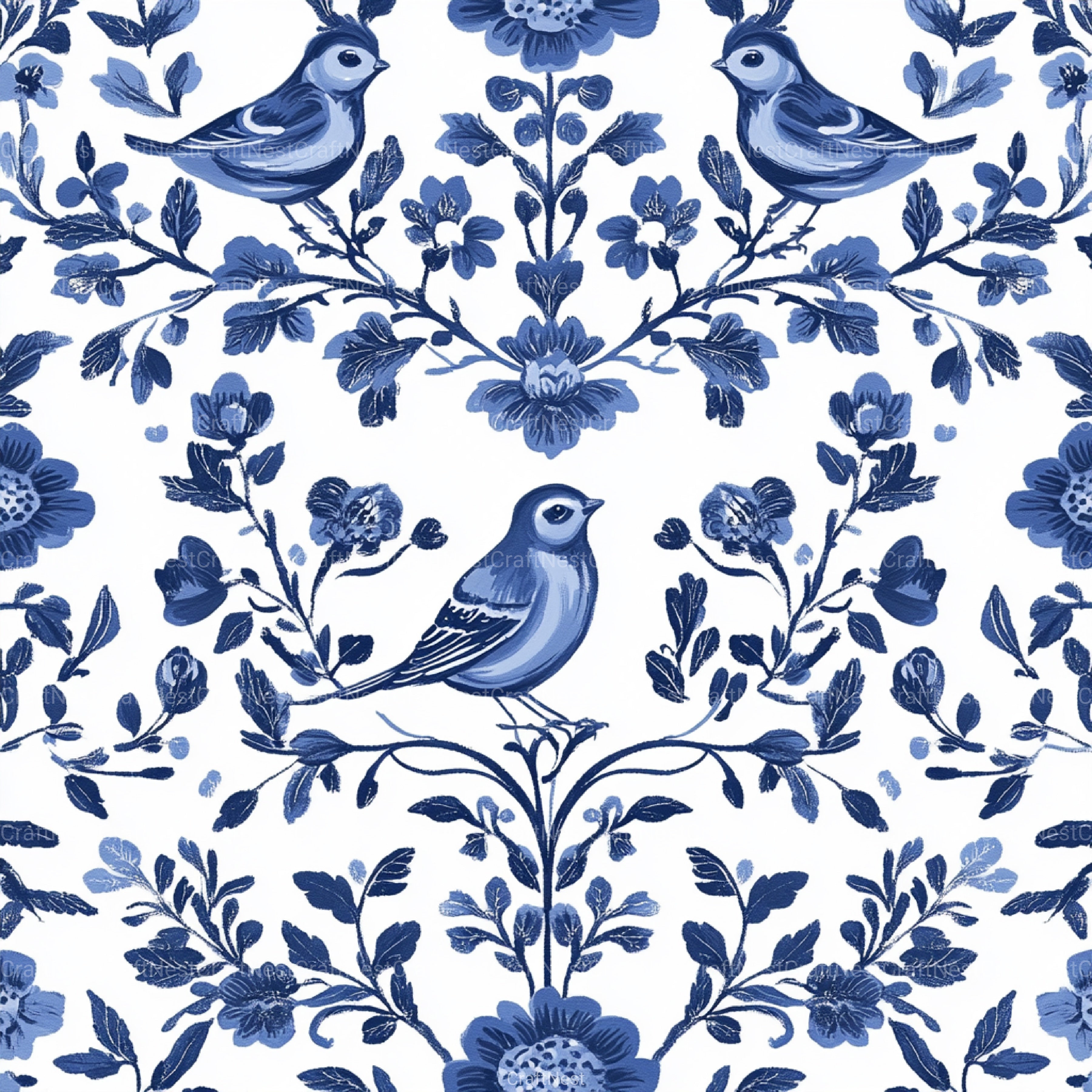 Blue Birds & Flowers Chinoiserie Pattern Clipart Bundle - CraftNest - Digital Crafting and Art