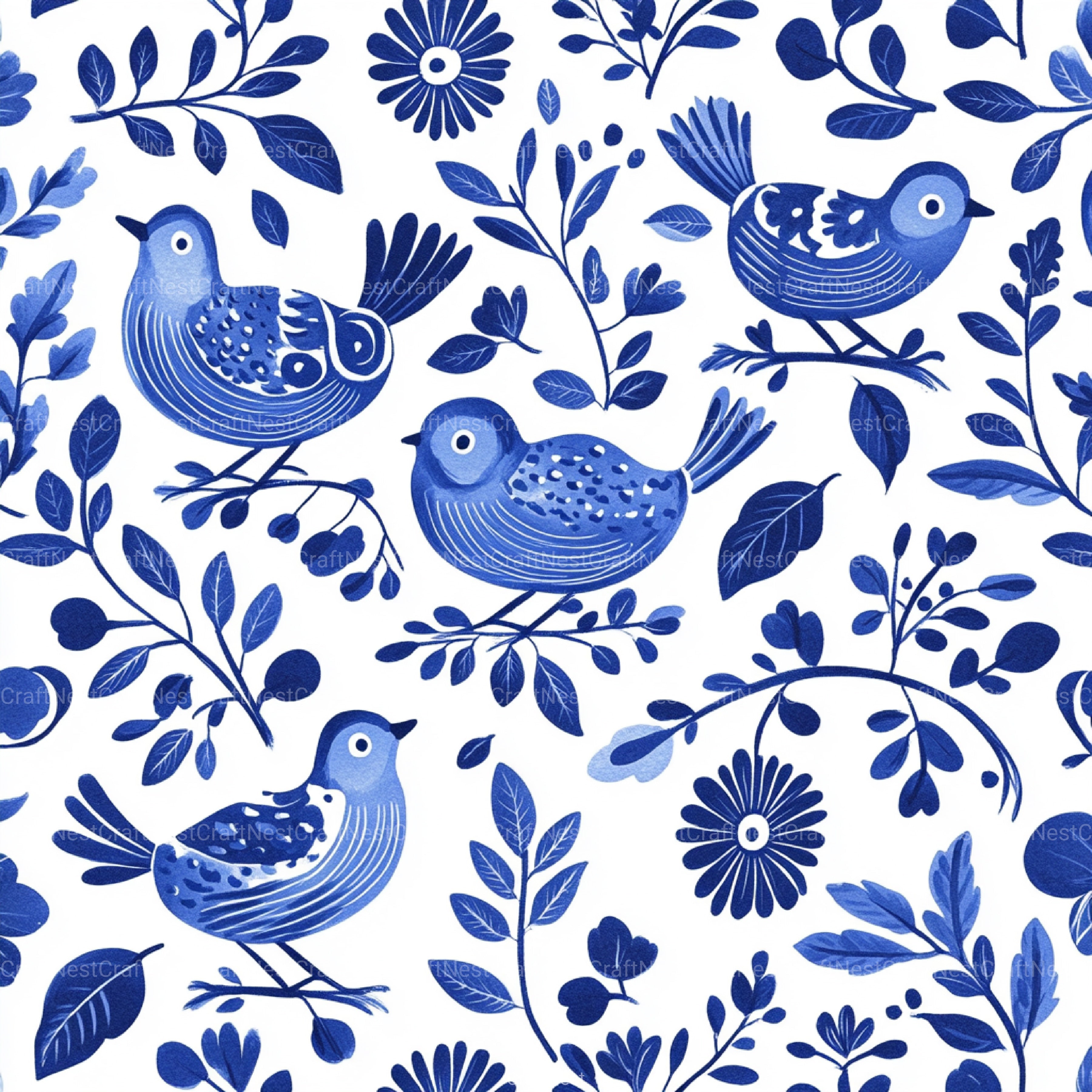 Blue Birds & Flowers Chinoiserie Pattern Clipart Bundle - CraftNest - Digital Crafting and Art