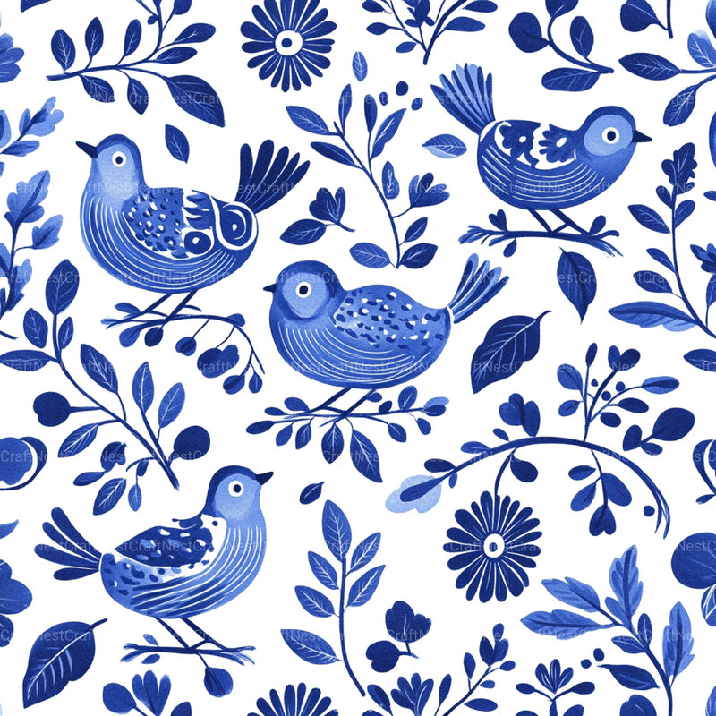 Blue Birds & Flowers Chinoiserie Pattern Clipart Bundle - CraftNest - Digital Crafting and Art