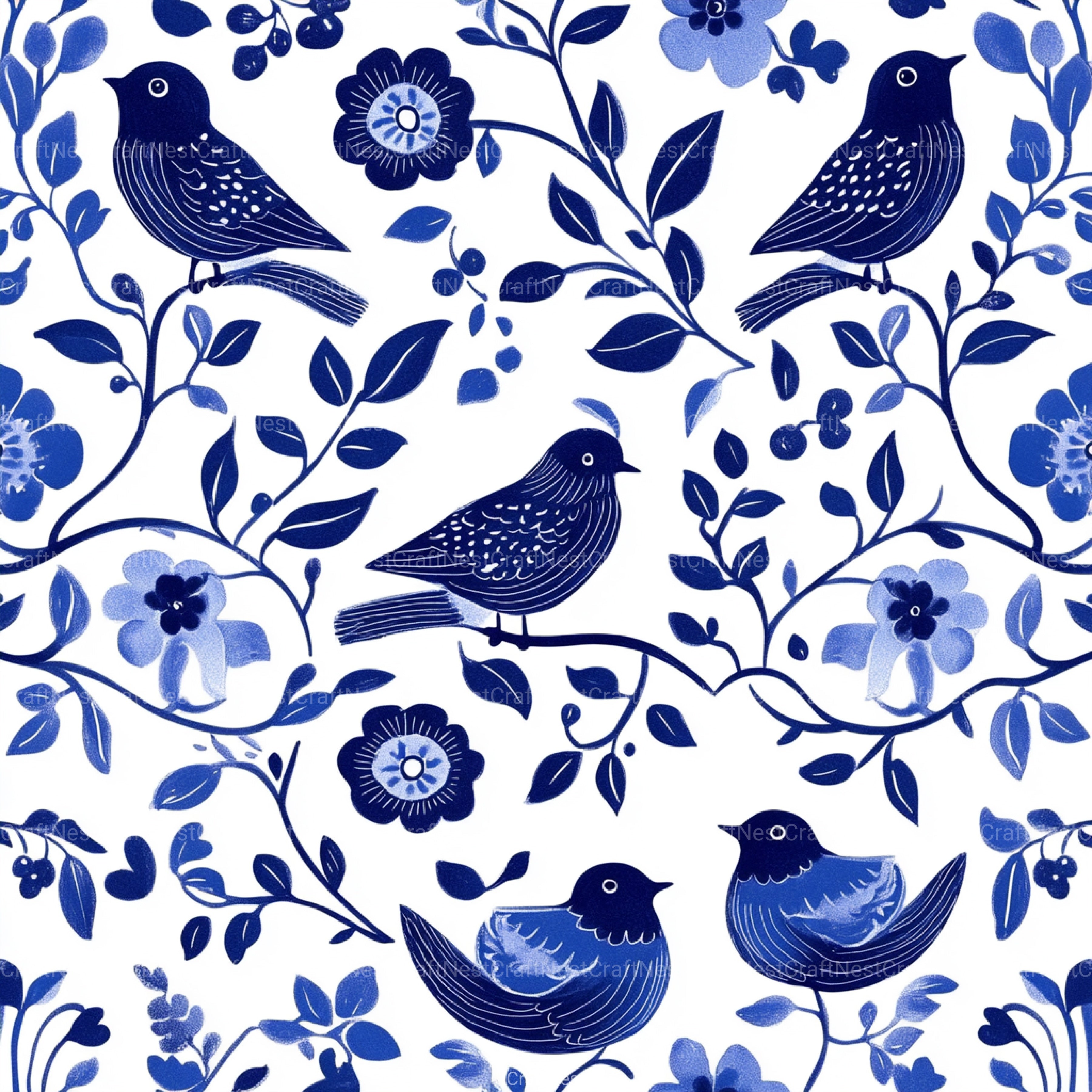 Blue Birds & Flowers Chinoiserie Pattern Clipart Bundle - CraftNest - Digital Crafting and Art