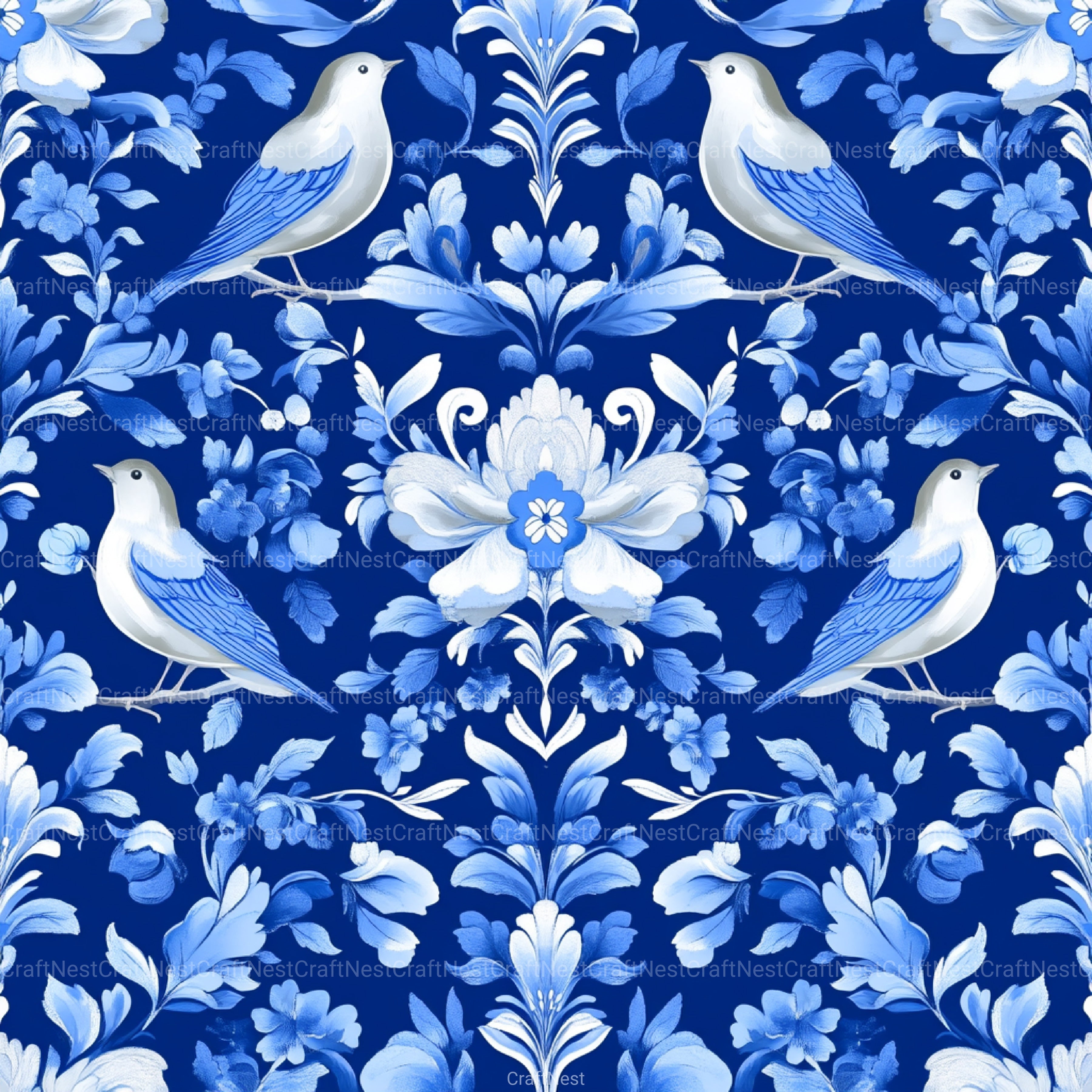Blue Birds & Flowers Chinoiserie Pattern Clipart Bundle - CraftNest - Digital Crafting and Art