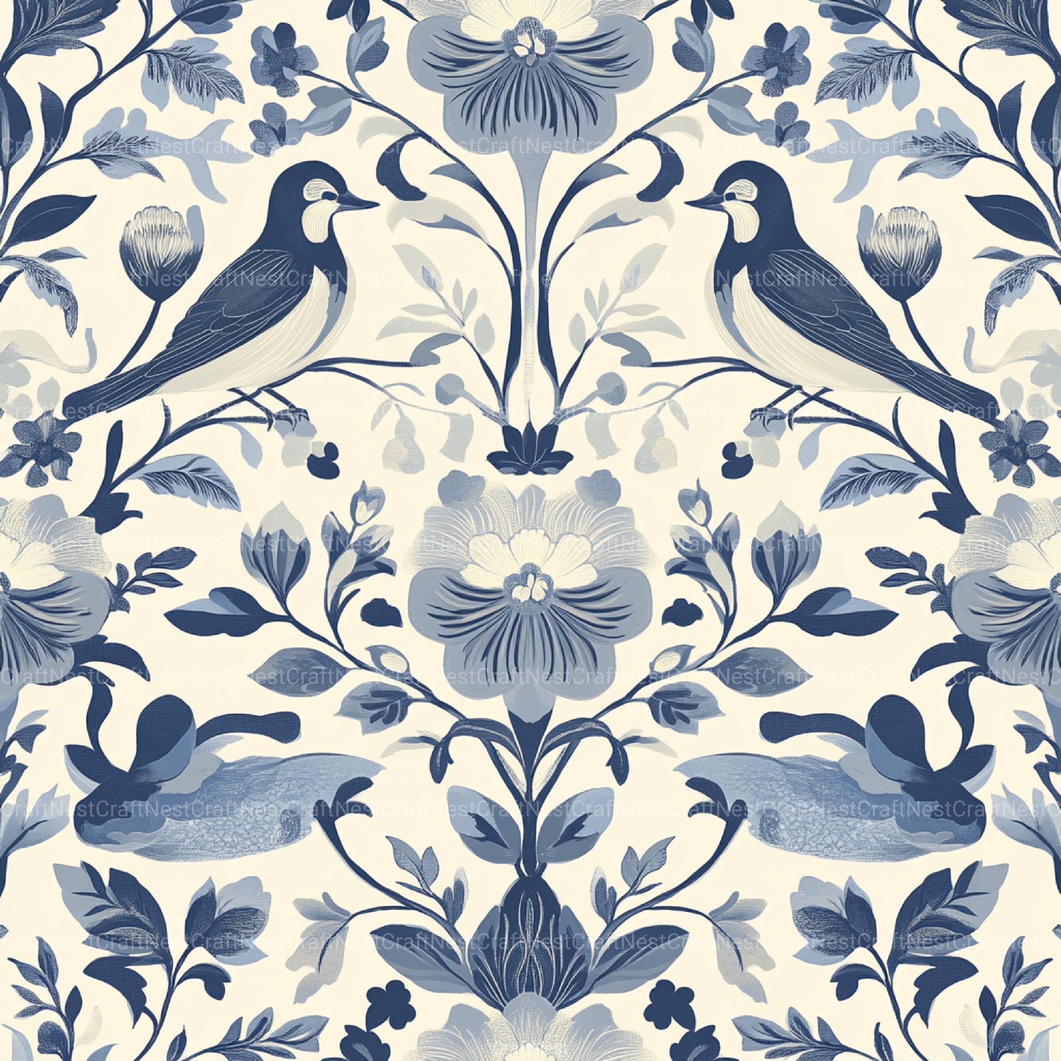 Blue Birds & Flowers Chinoiserie Pattern Clipart Bundle - CraftNest - Digital Crafting and Art