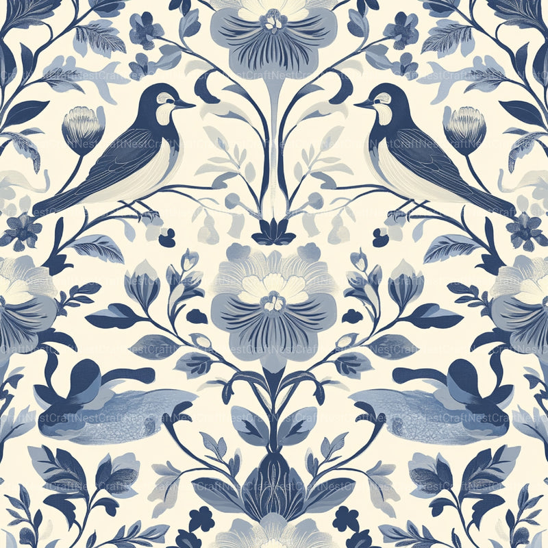 Blue Birds & Flowers Chinoiserie Pattern Clipart Bundle - CraftNest - Digital Crafting and Art