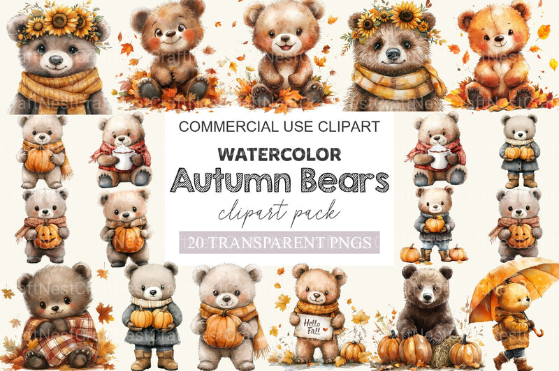 Cute Cartoon Autumn Bears Clipart Bundle - CraftNest - Digital Crafting and Art
