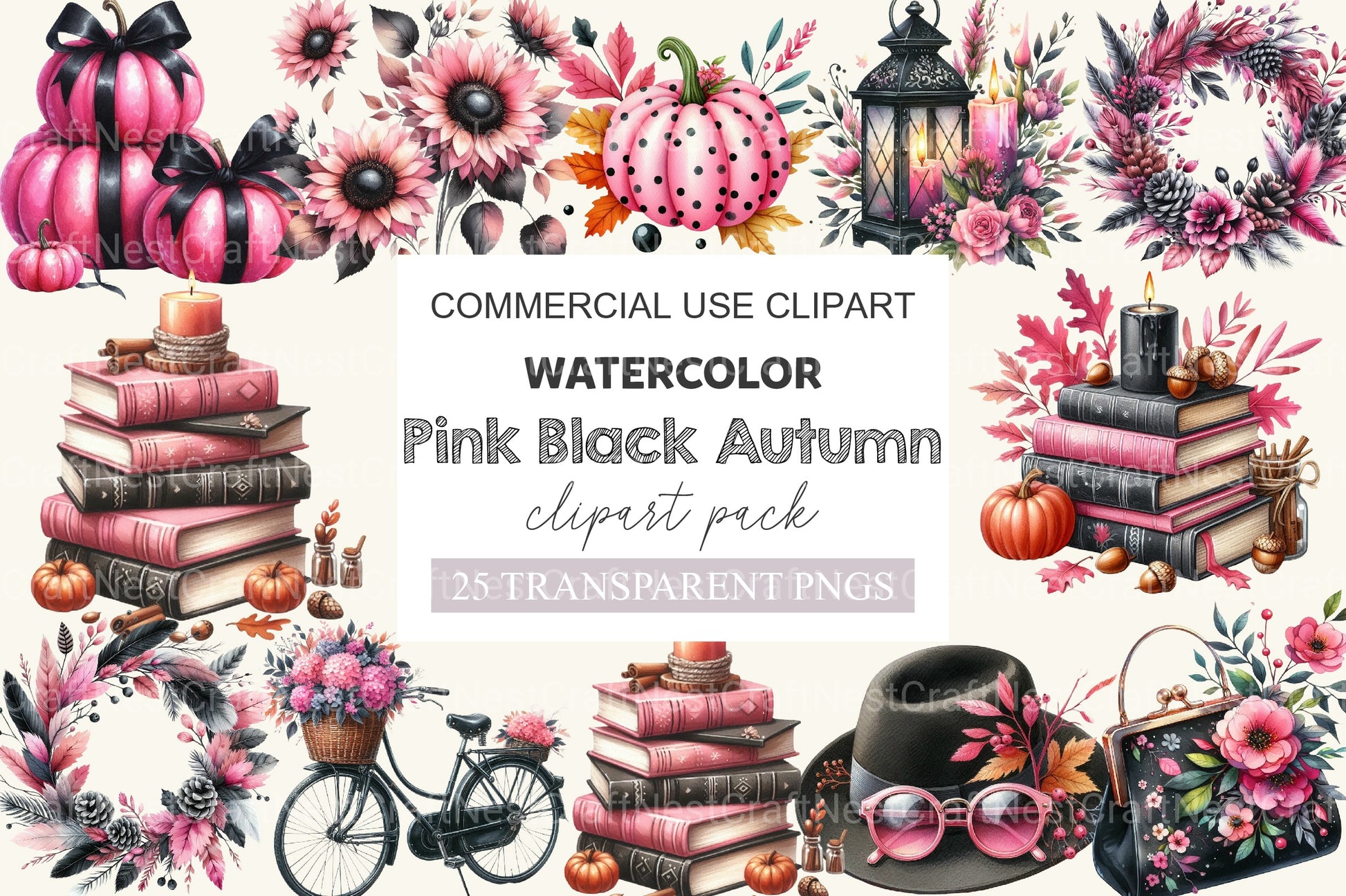 Pink And Black Autumn Clipart Bundle 1 - CraftNest - Digital Crafting and Art