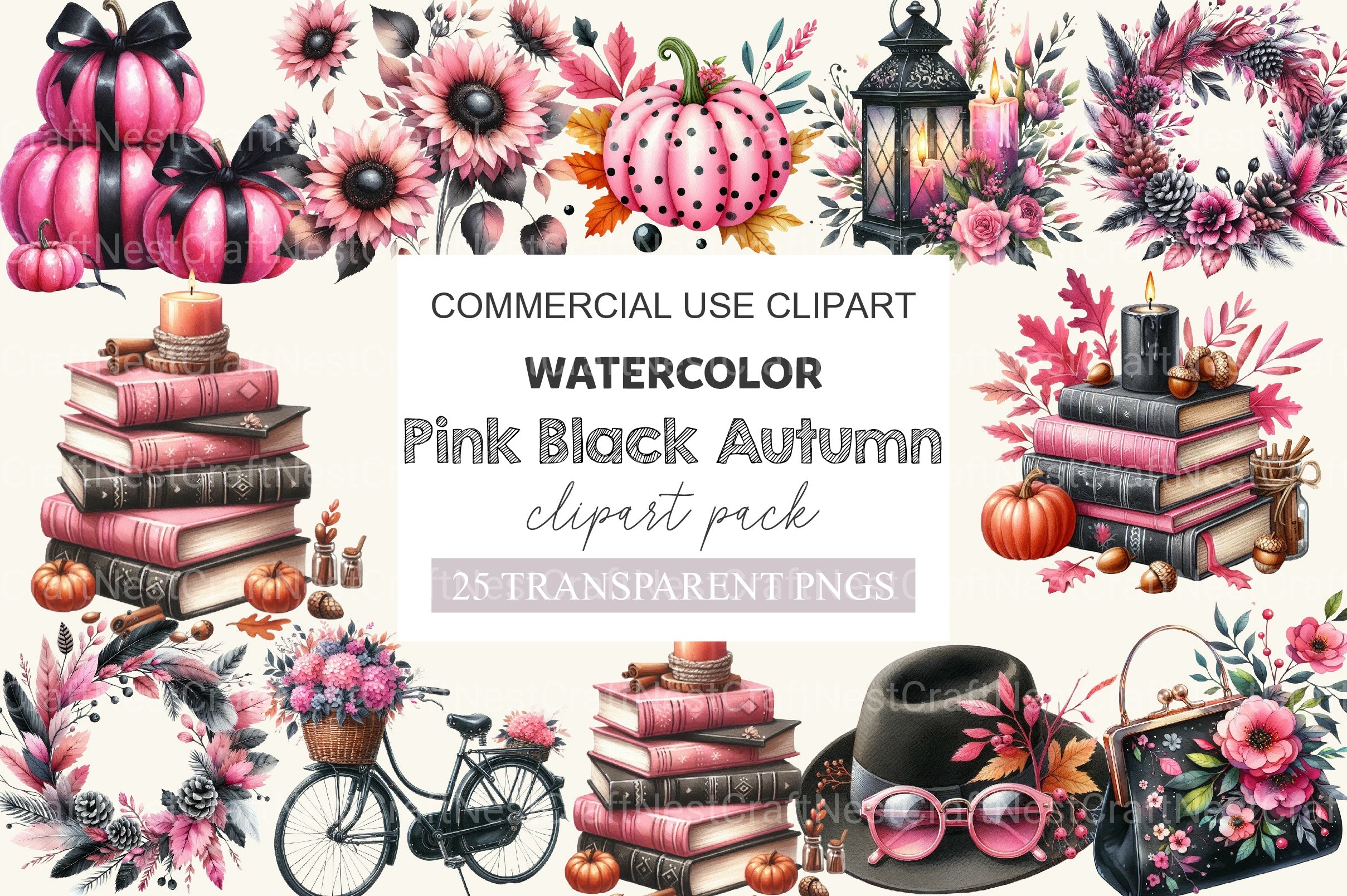 Pink And Black Autumn Clipart Bundle 1 - CraftNest - Digital Crafting and Art