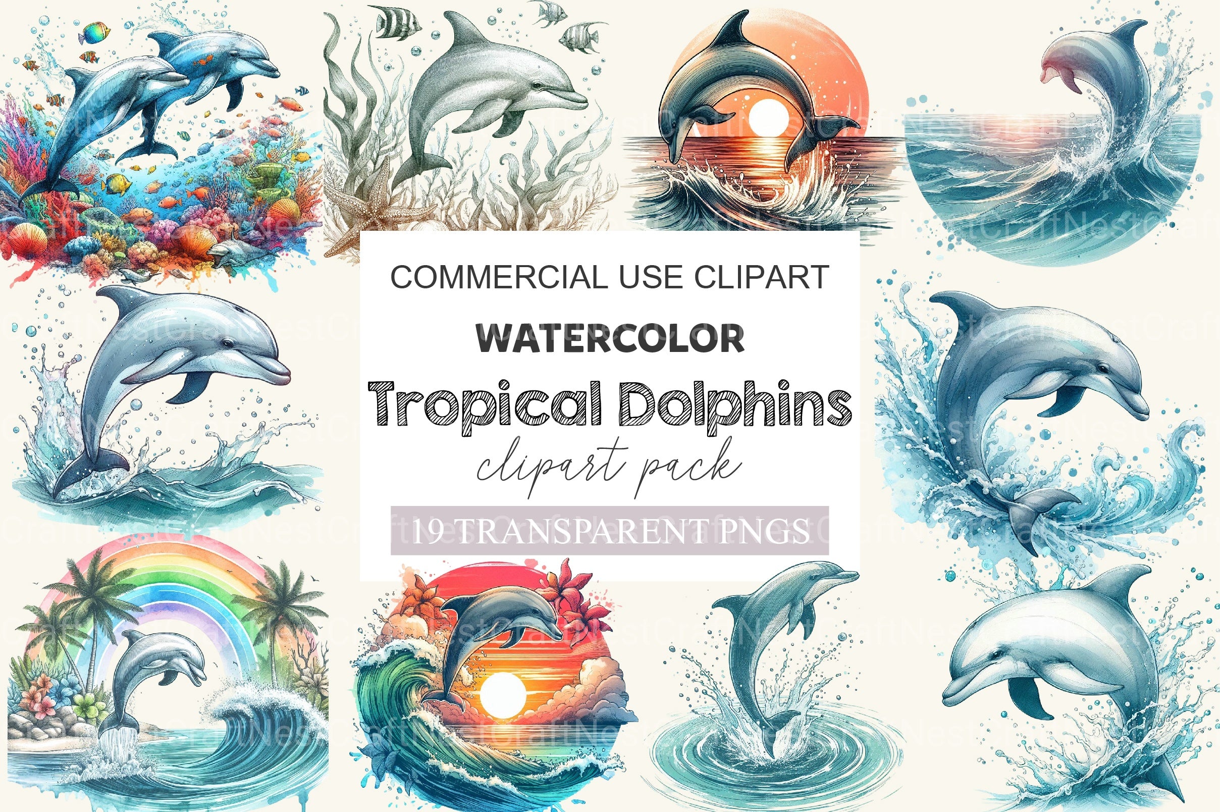 Tropical Dolphins Clipart Bundle - CraftNest - Digital Crafting and Art