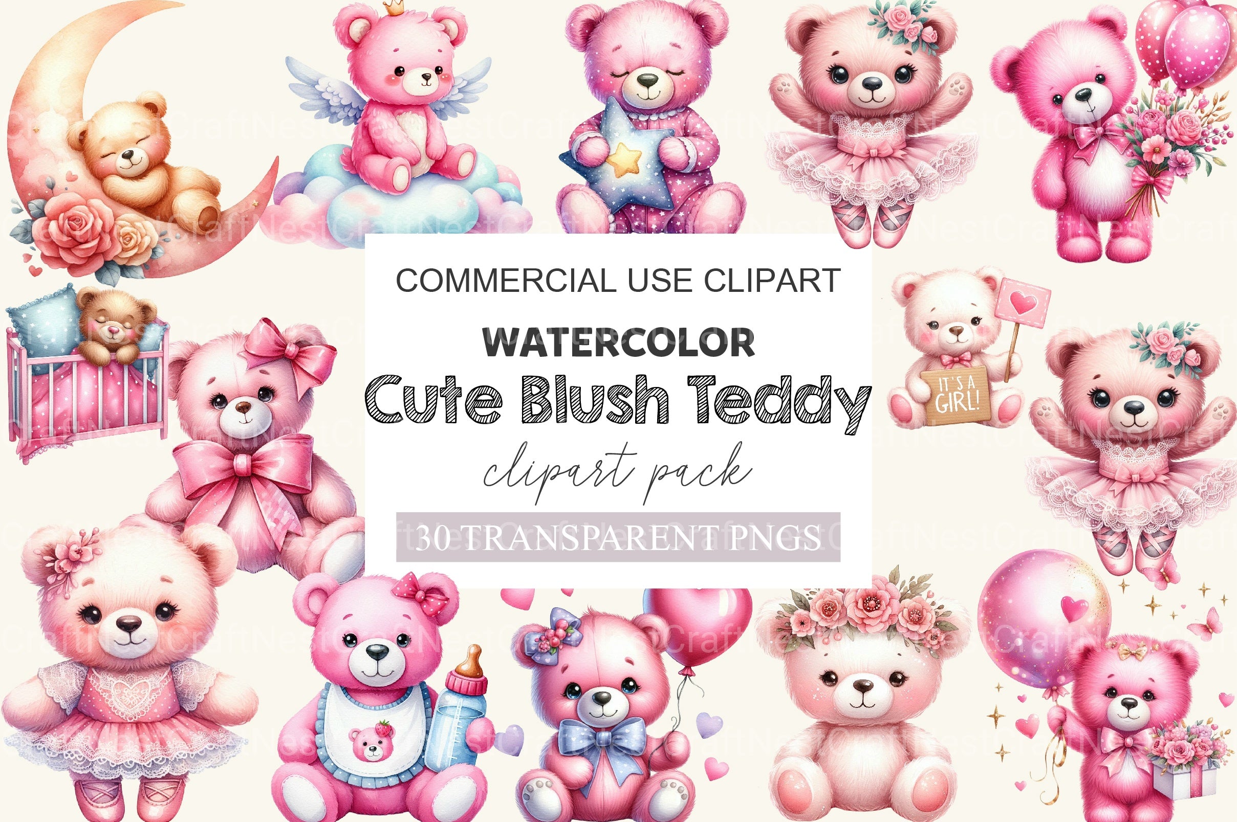 Pink Cute Blush Teddy Bear Clipart Bundle 2 - CraftNest - Digital Crafting and Art