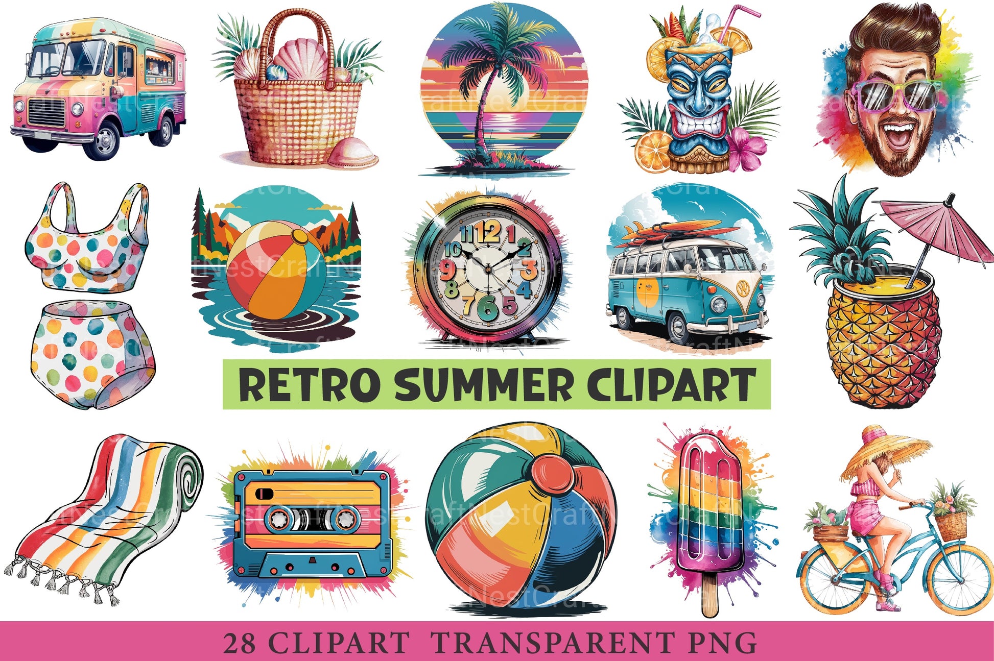 Retro Summer Clipart Bundle - CraftNest - Digital Crafting and Art