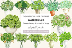 Green Peony Bouquet In Vase Clipart Bundle - CraftNest - Digital Crafting and Art