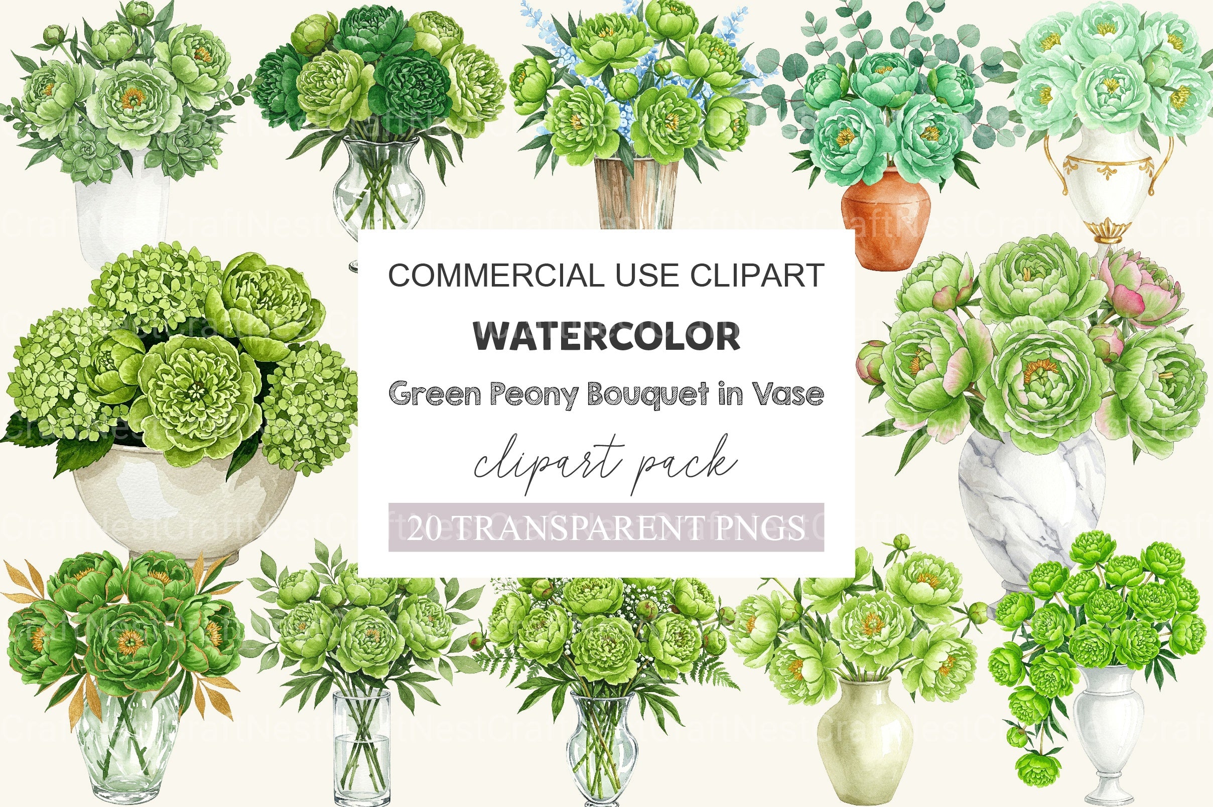 Green Peony Bouquet In Vase Clipart Bundle - CraftNest - Digital Crafting and Art