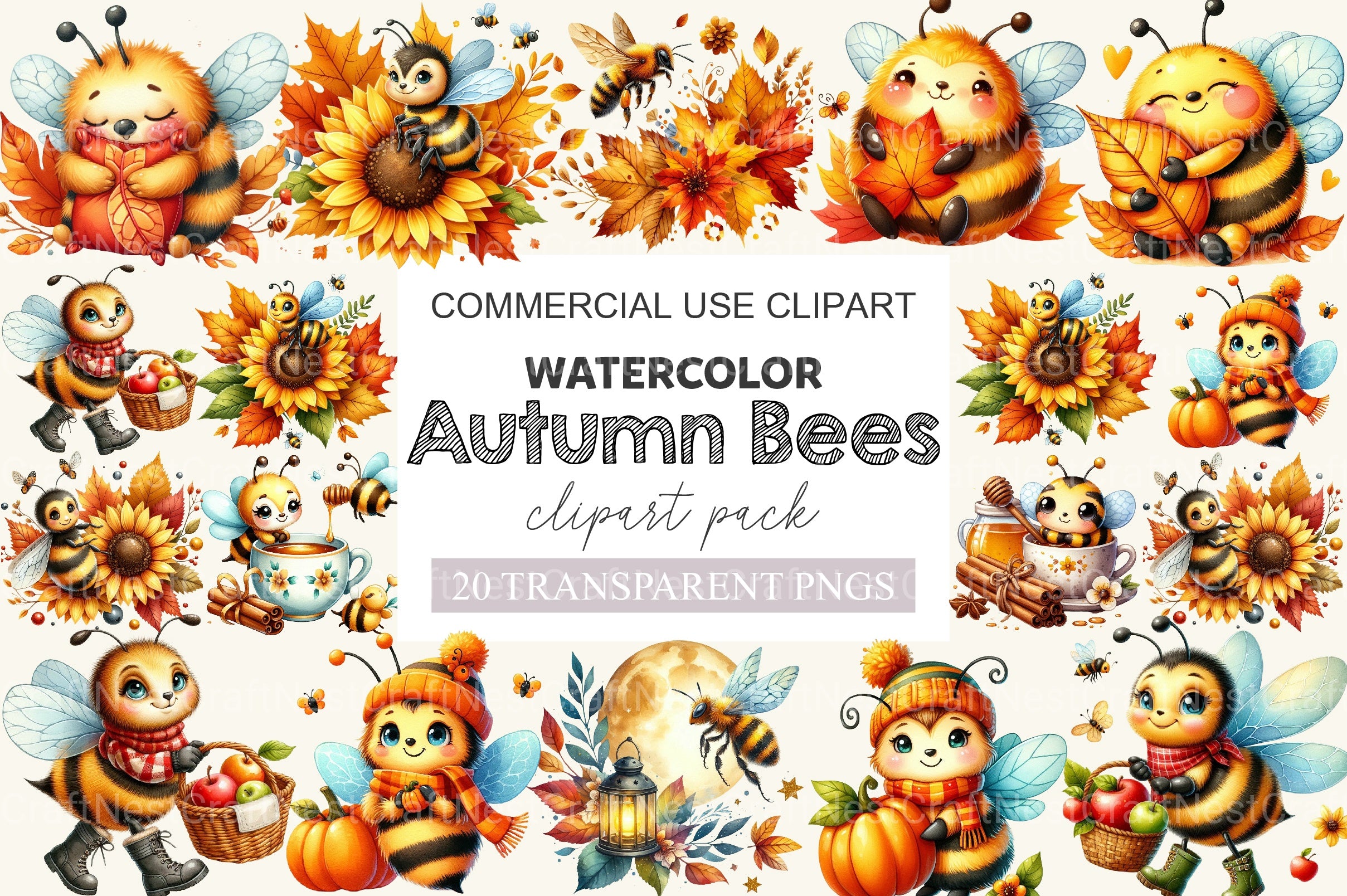 Cute Cartoon Autumn Bees Clipart Bundle - CraftNest - Digital Crafting and Art