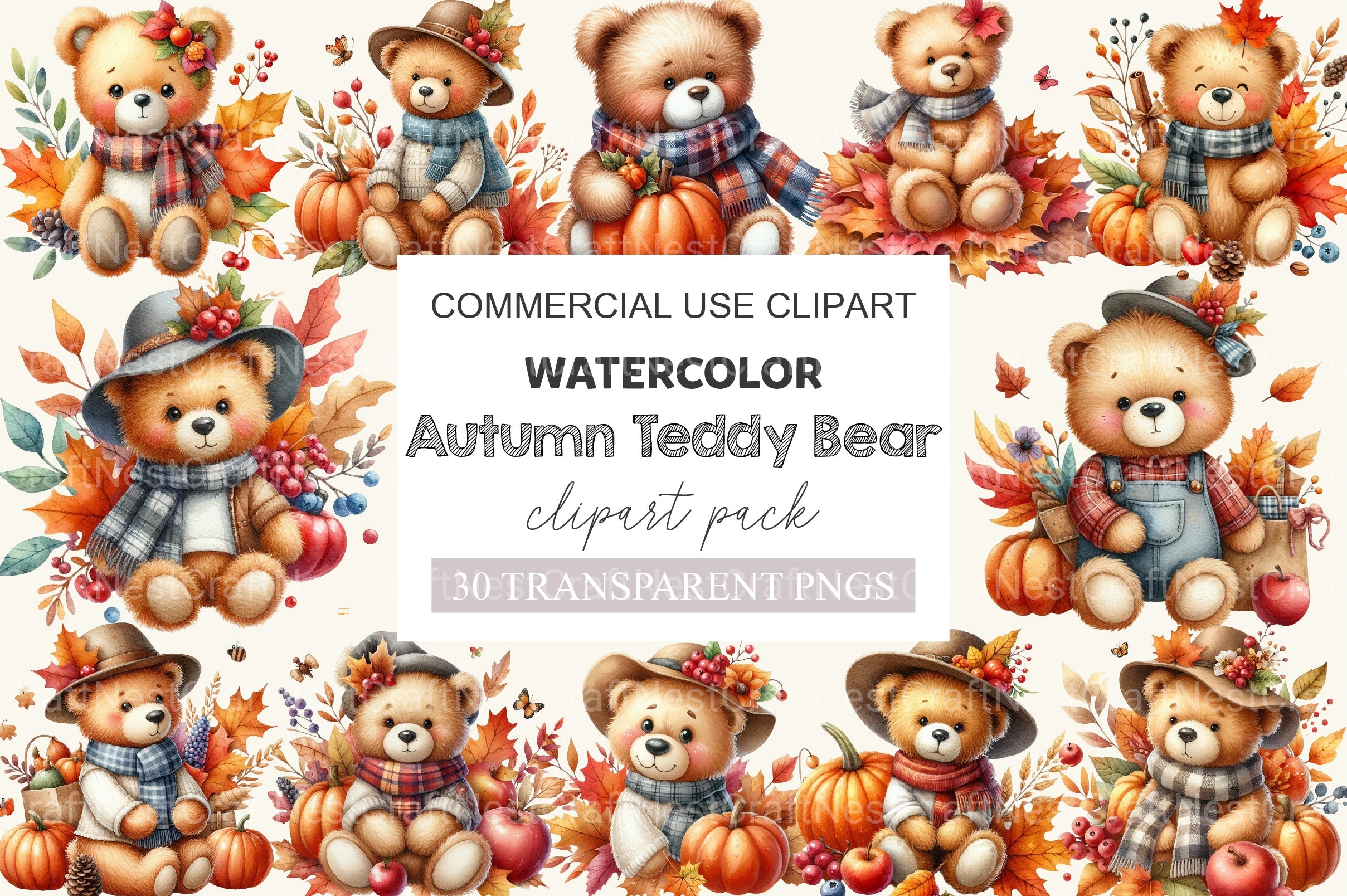 Autumn Teddy Bear Clipart Bundle - CraftNest - Digital Crafting and Art