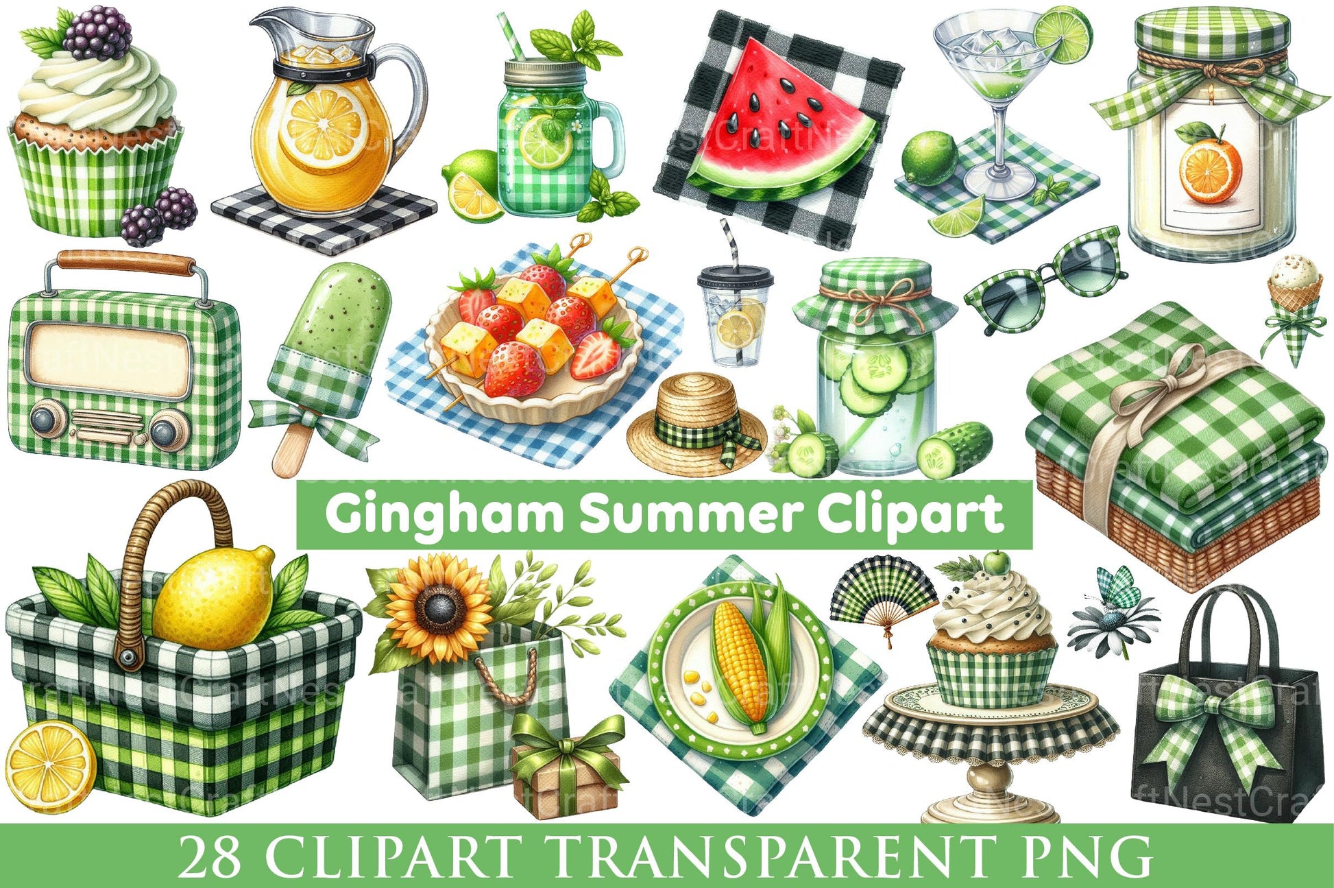 Black and Green Gingham Summer Clipart - CraftNest - Digital Crafting and Art