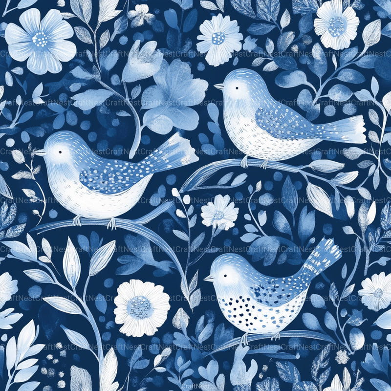 Blue Birds & Flowers Chinoiserie Pattern Clipart Bundle - CraftNest - Digital Crafting and Art
