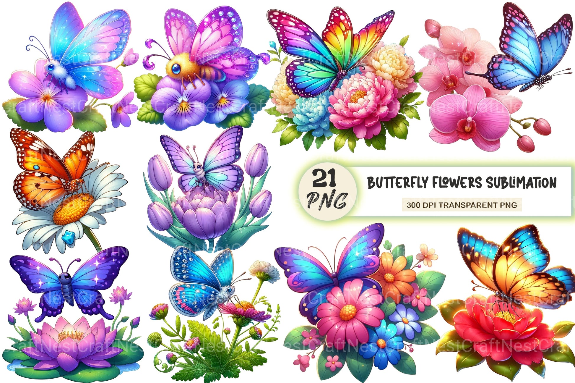 Butterfly Flowers Sublimation Clipart Bundle - CraftNest - Digital Crafting and Art