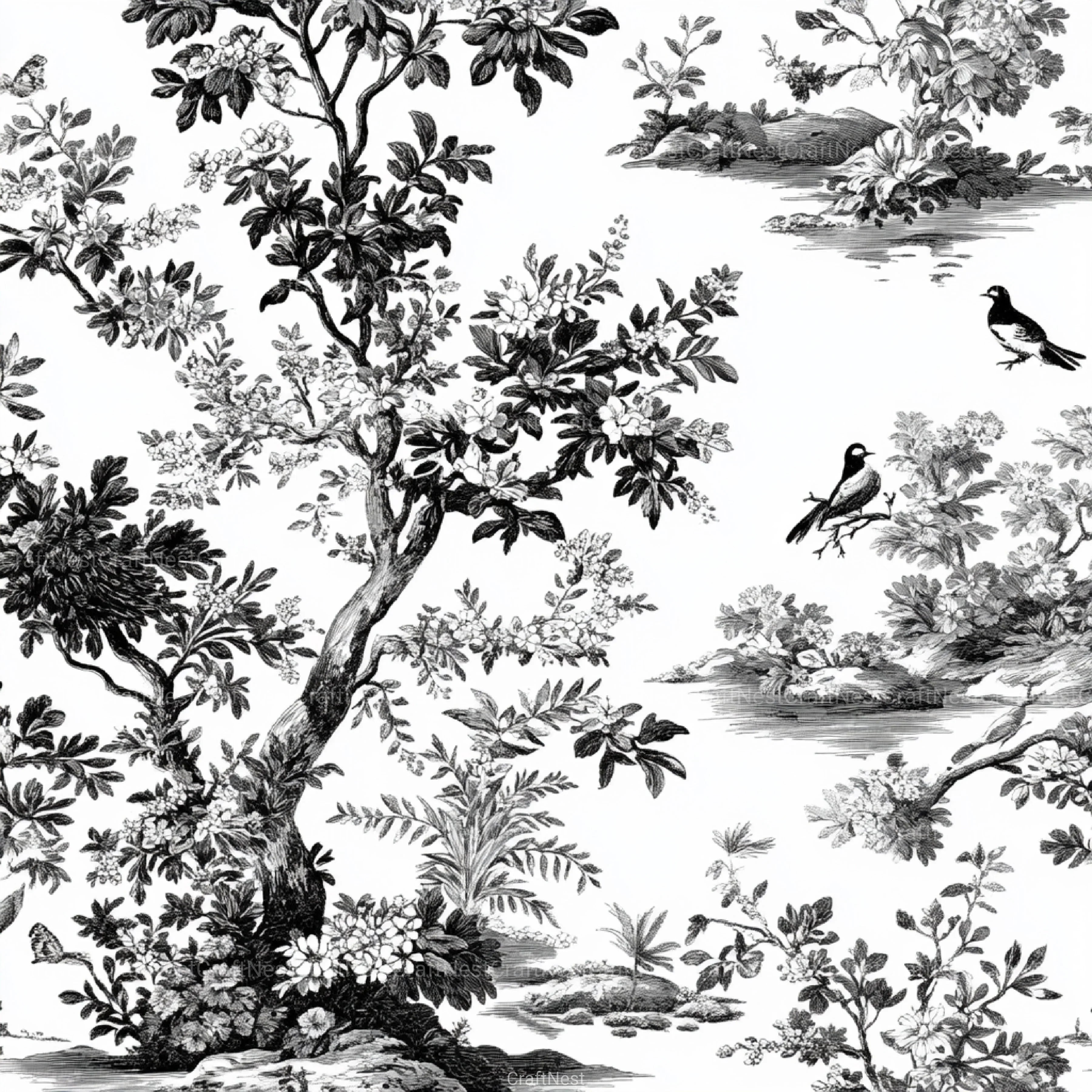 Spring Toile Black White Spring Toile De Jouy Pattern Clipart Bundle
