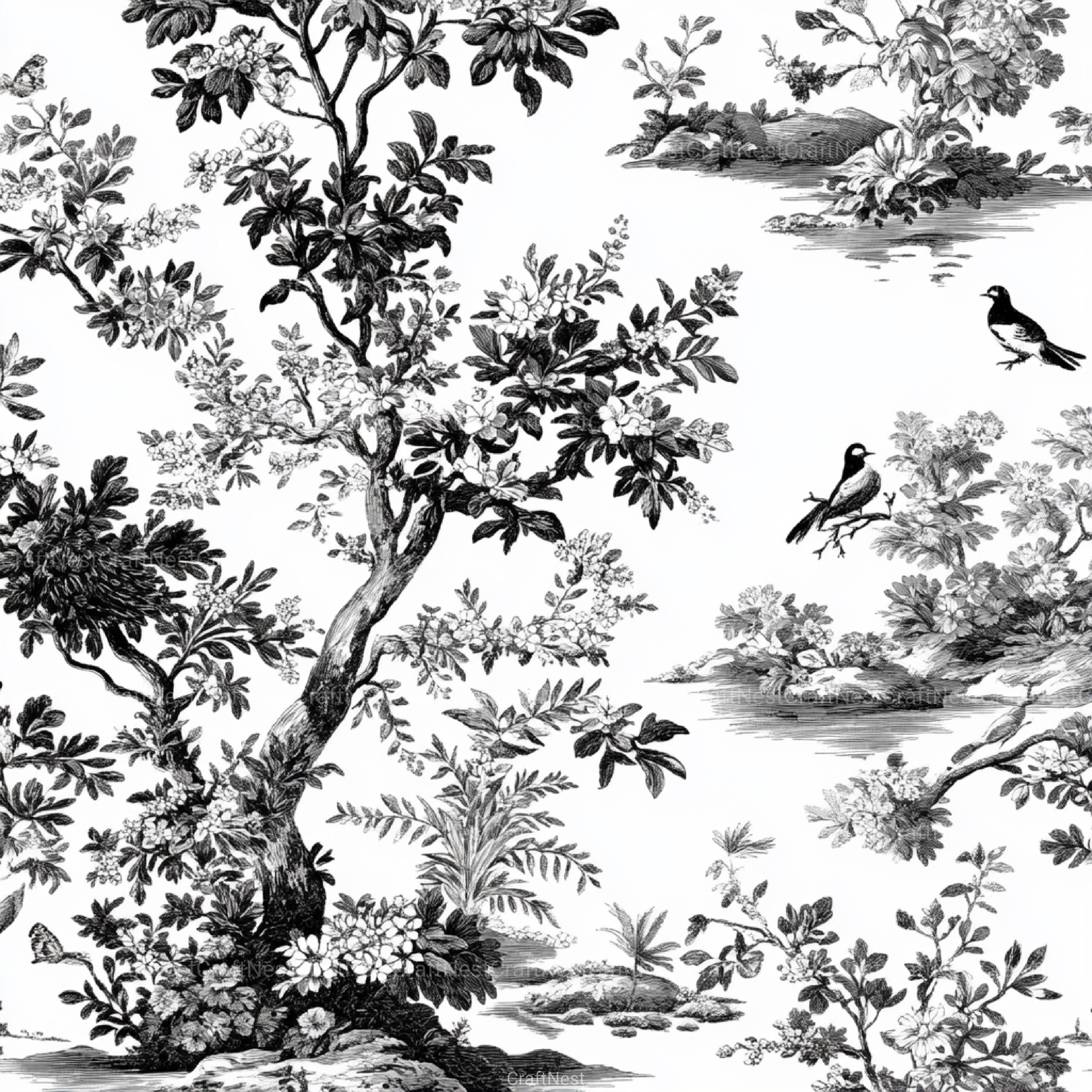 Black White Spring Toile De Jouy Pattern Clipart Bundle - CraftNest - Digital Crafting and Art