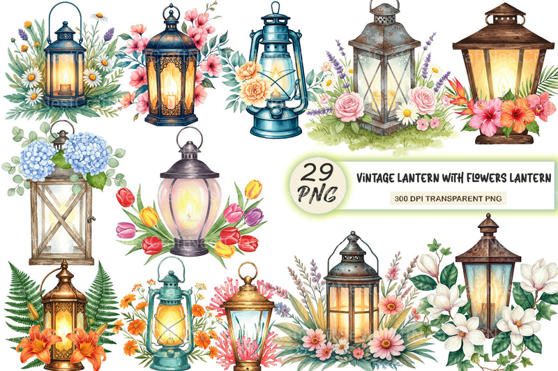 Vintage Lantern With Flowers Clipart Bundle - CraftNest - Digital Crafting and Art