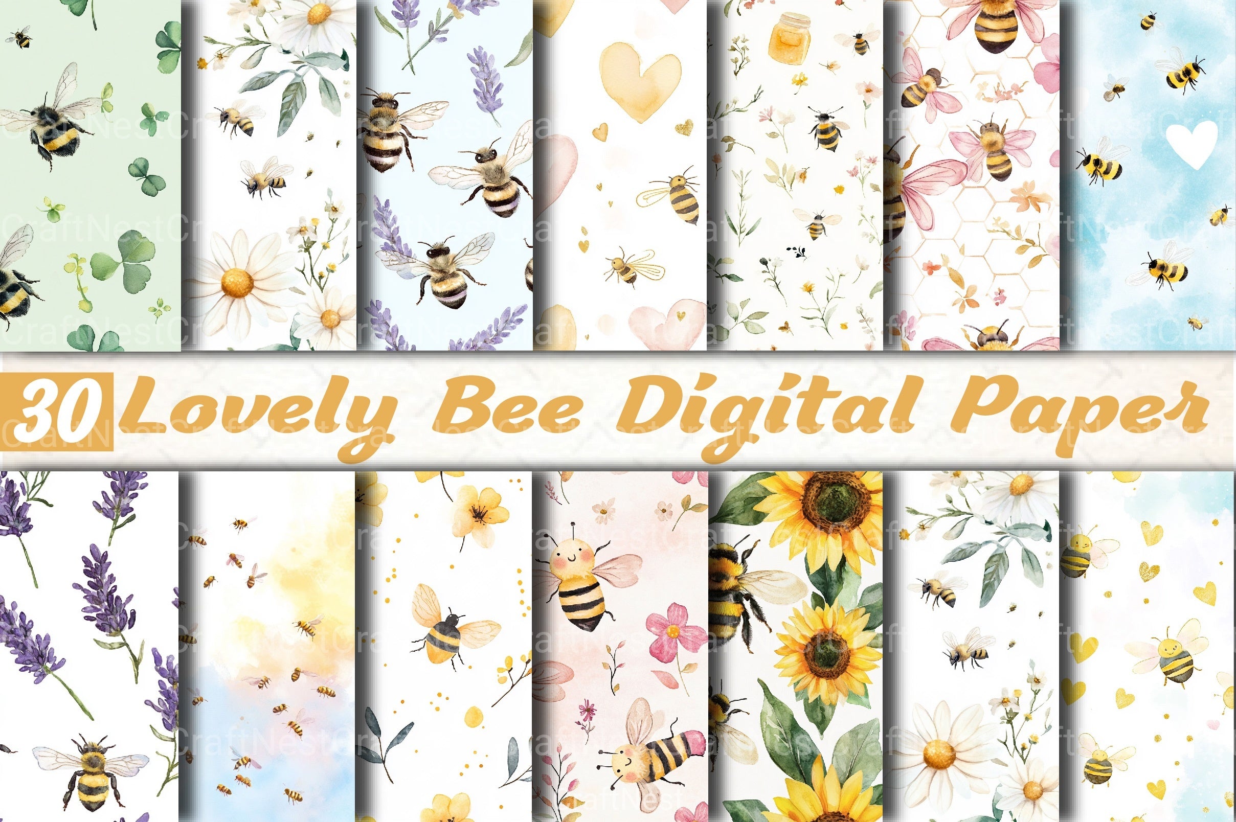 Lovely Bee Digital Paper - CraftNest - Digital Crafting and Art