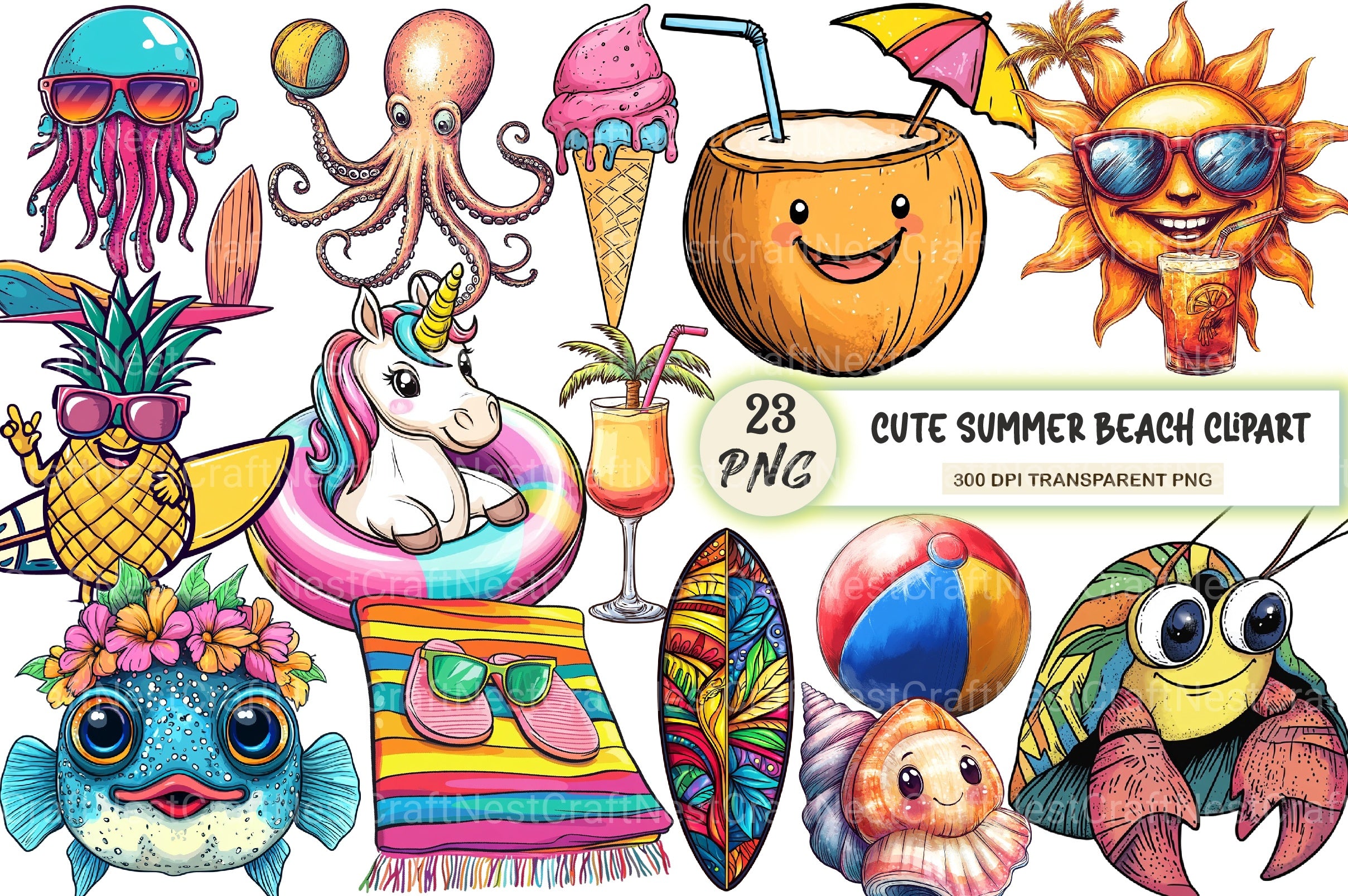 Cute Summer Beach Clipart Bundle - CraftNest - Digital Crafting and Art