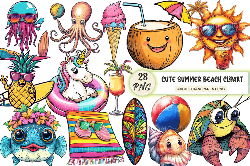 Cute Summer Beach Clipart Bundle - CraftNest - Digital Crafting and Art