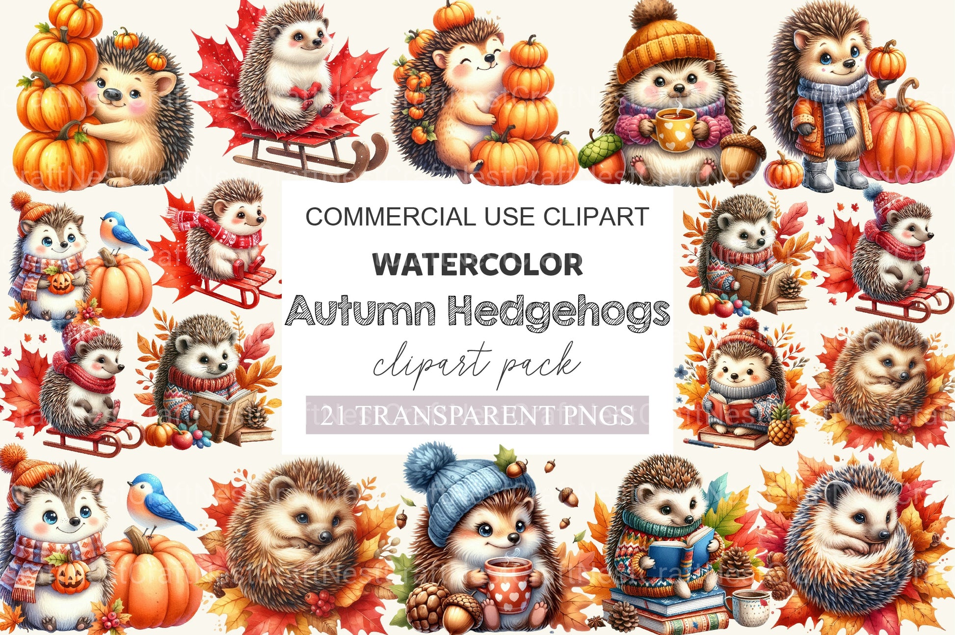 Cute Cartoon Autumn Hedgehogs Clipart Bundle - CraftNest - Digital Crafting and Art