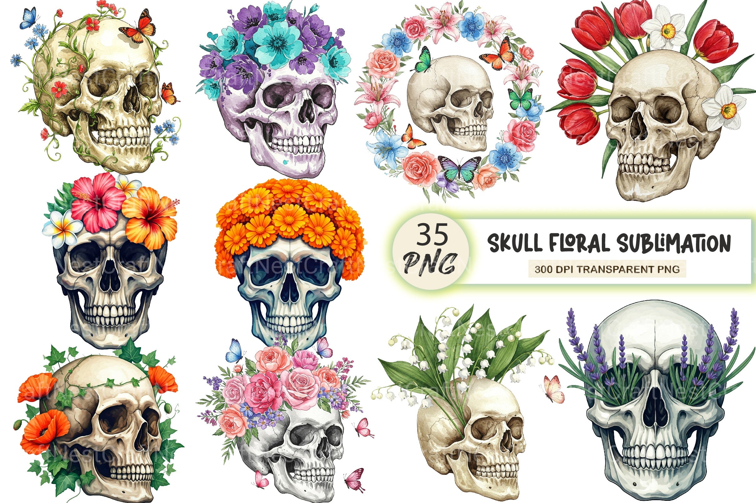 Skull Floral Sublimation Clipart Bundle - CraftNest - Digital Crafting and Art