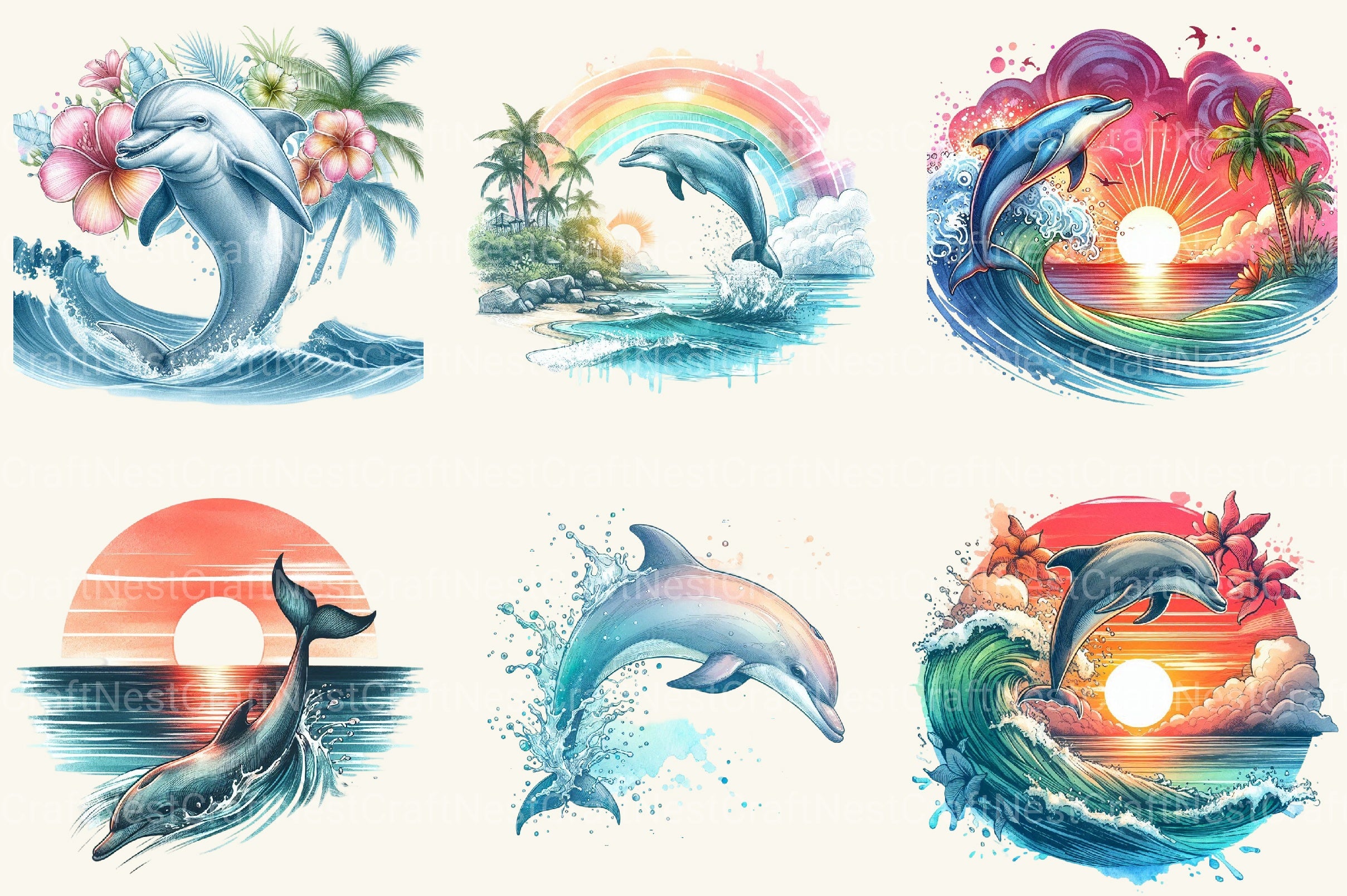 Tropical Dolphins Clipart Bundle - CraftNest - Digital Crafting and Art