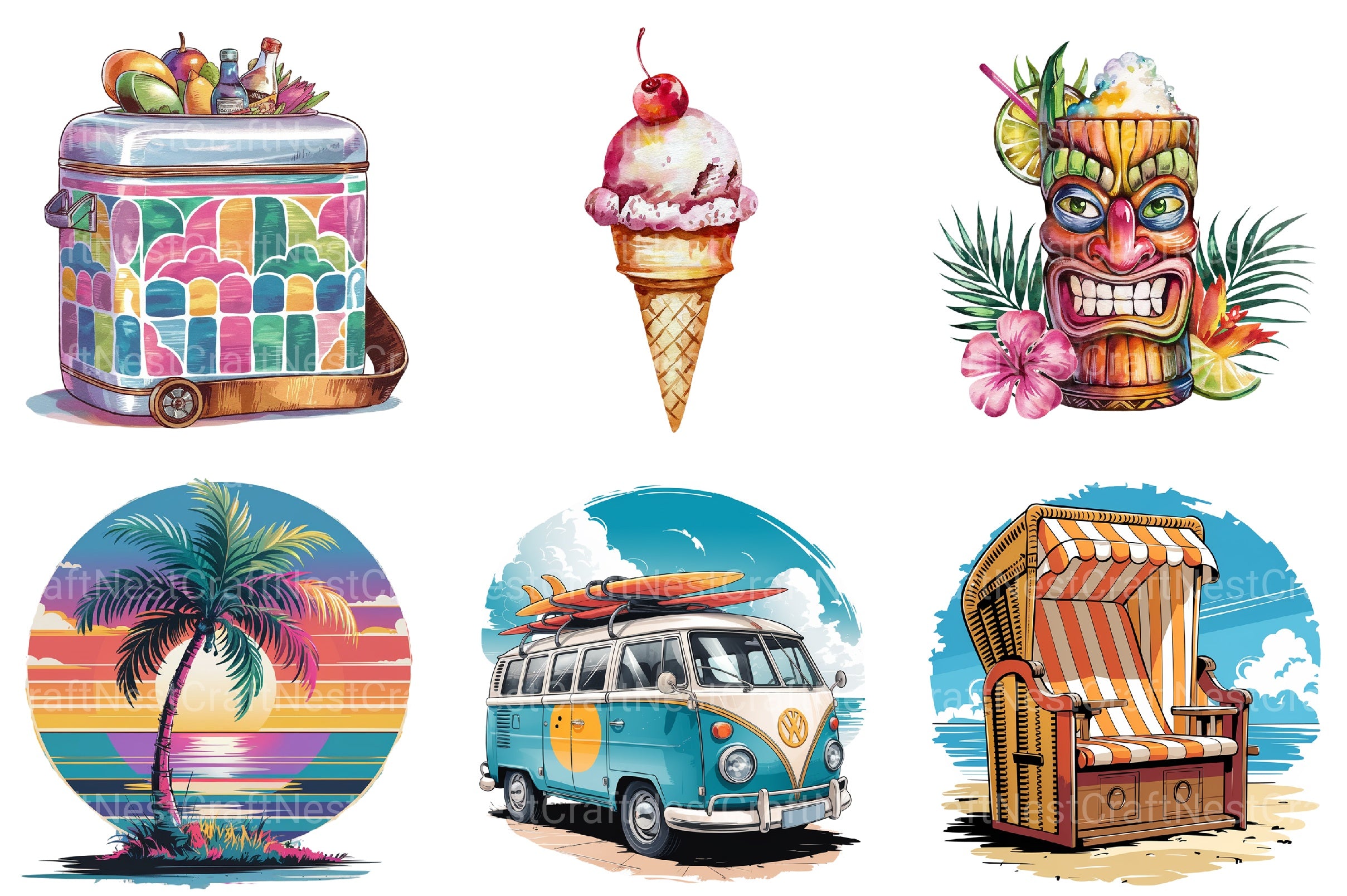 Retro Summer Clipart Bundle - CraftNest - Digital Crafting and Art