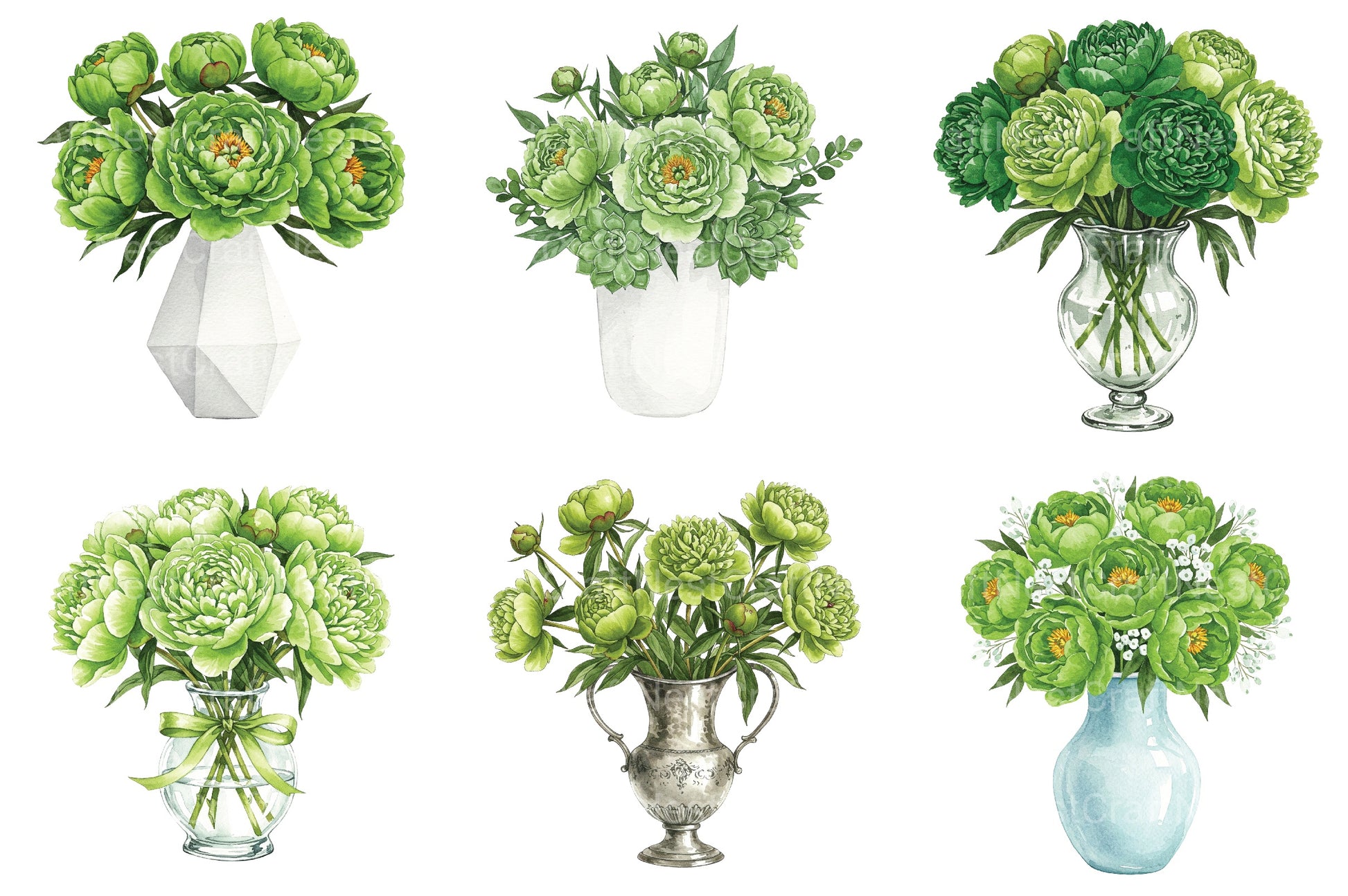Green Peony Bouquet In Vase Clipart Bundle - CraftNest - Digital Crafting and Art