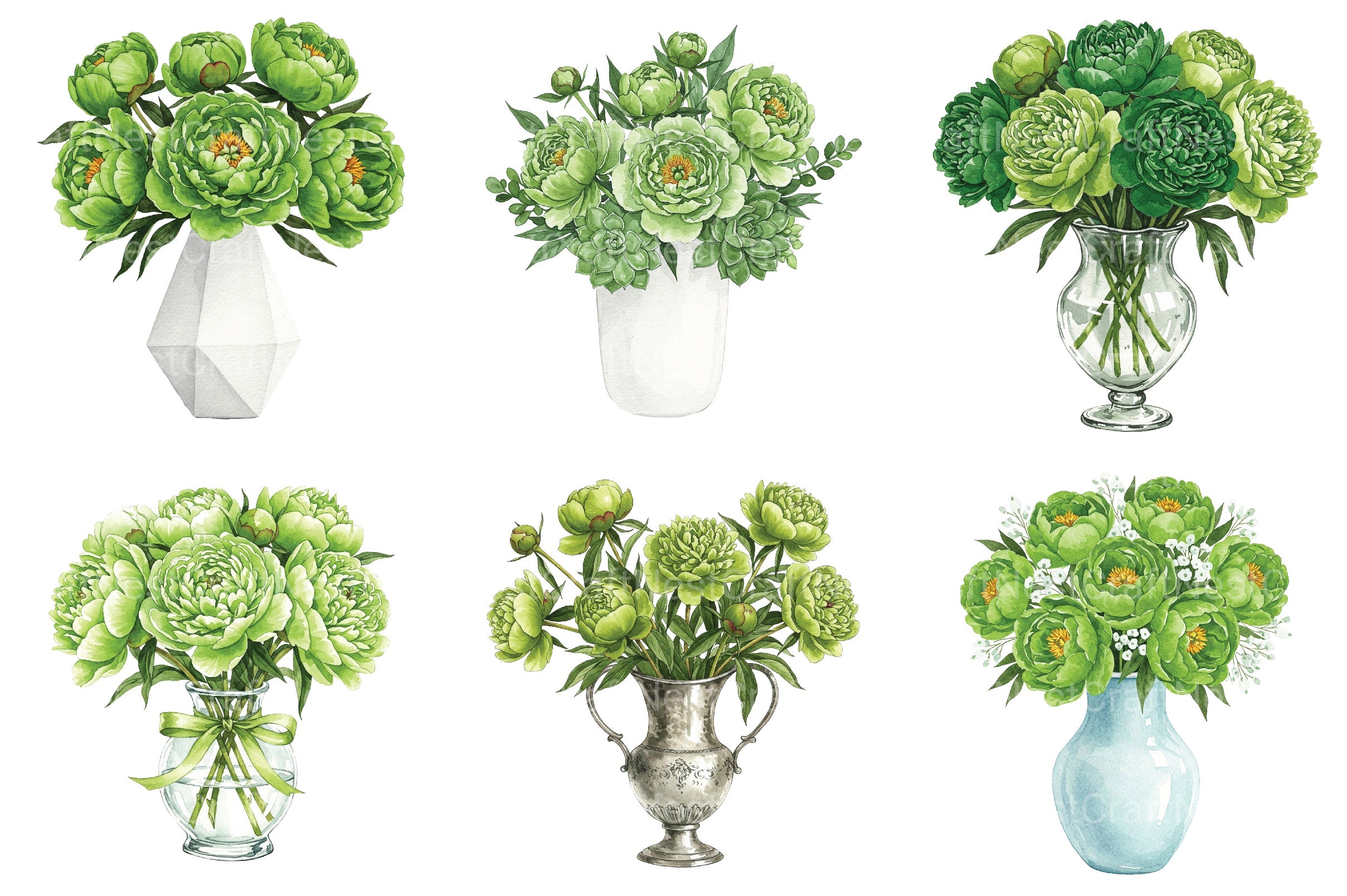Green Peony Bouquet In Vase Clipart Bundle - CraftNest - Digital Crafting and Art