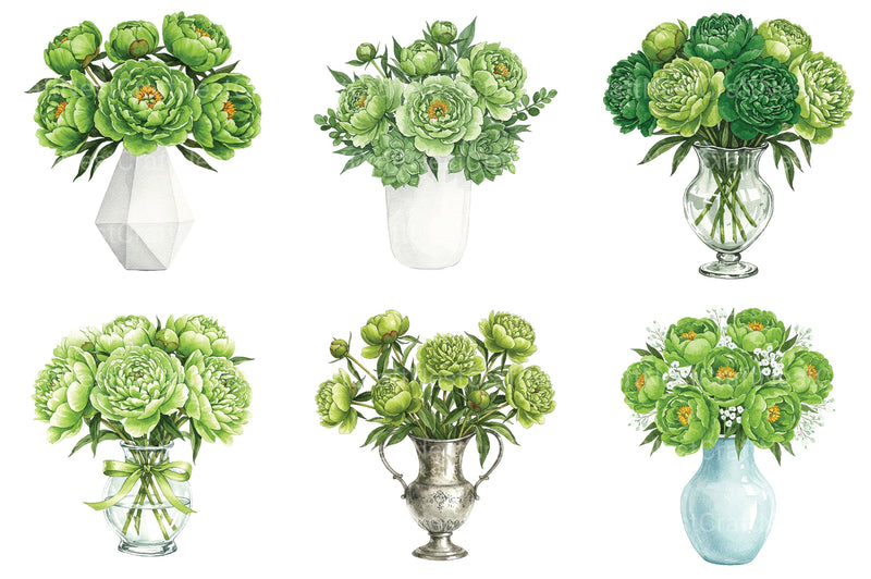 Green Peony Bouquet In Vase Clipart Bundle - CraftNest - Digital Crafting and Art
