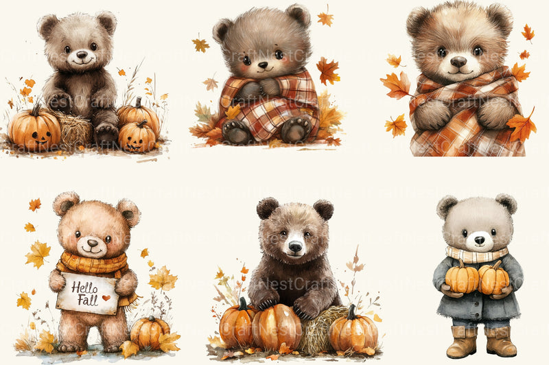 Cute Cartoon Autumn Bears Clipart Bundle - CraftNest - Digital Crafting and Art