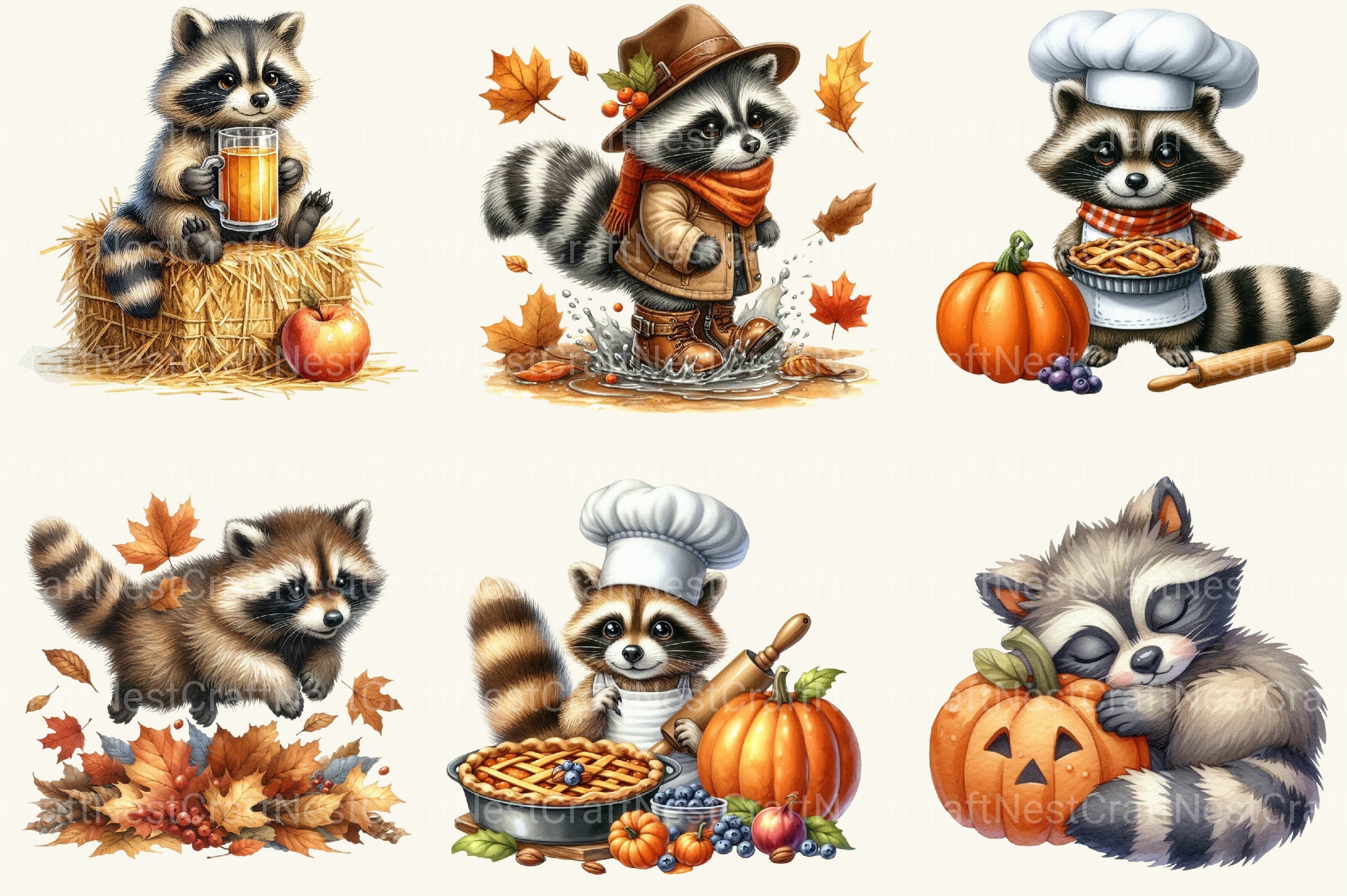 Autumn Raccoons Clipart Bundle 2 - CraftNest - Digital Crafting and Art