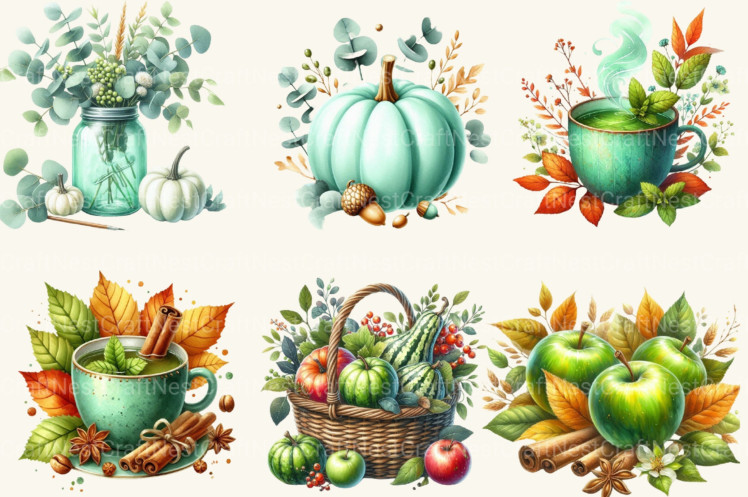 Mint Fresh Green Autumn Clipart Bundle - CraftNest - Digital Crafting and Art